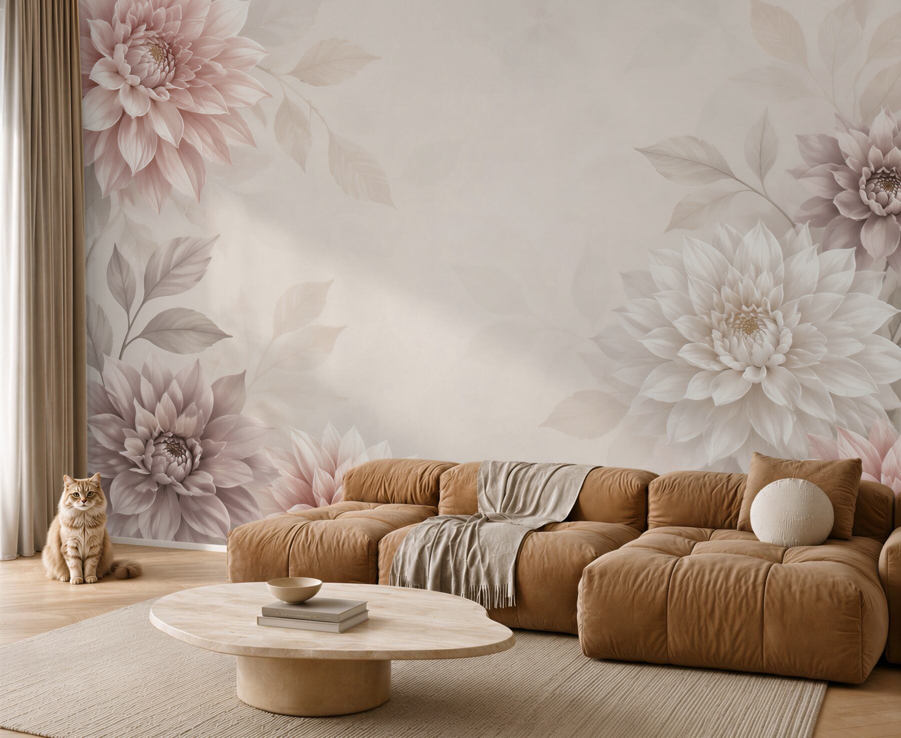 Fototapeta pastelowe dalie w beżu i pudrowym różu elegancka?v23
