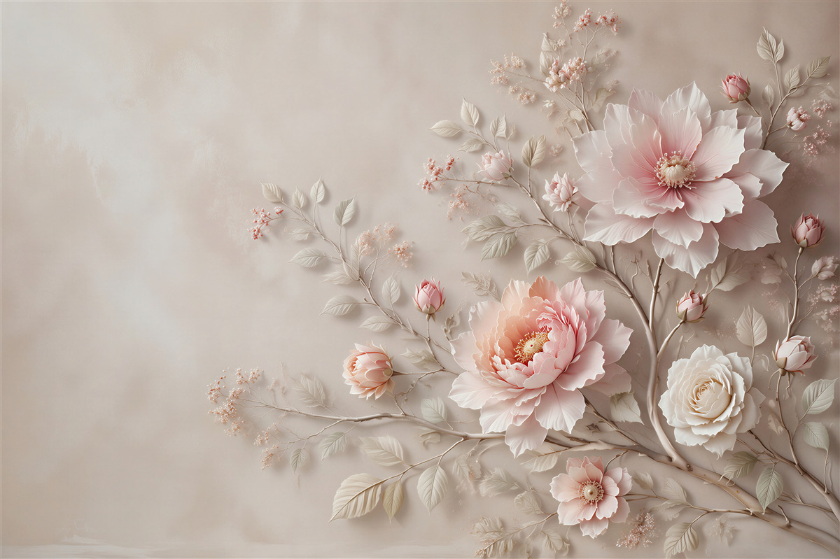Fototapeta jasnoróżowe peonie i róże na beżowym tle elegancka