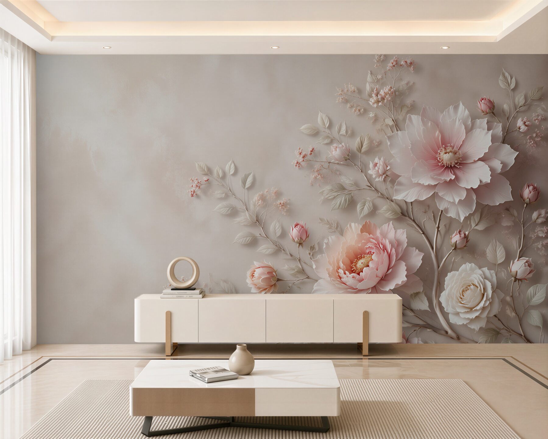 Fototapeta jasnoróżowe peonie i róże na beżowym tle elegancka?v23