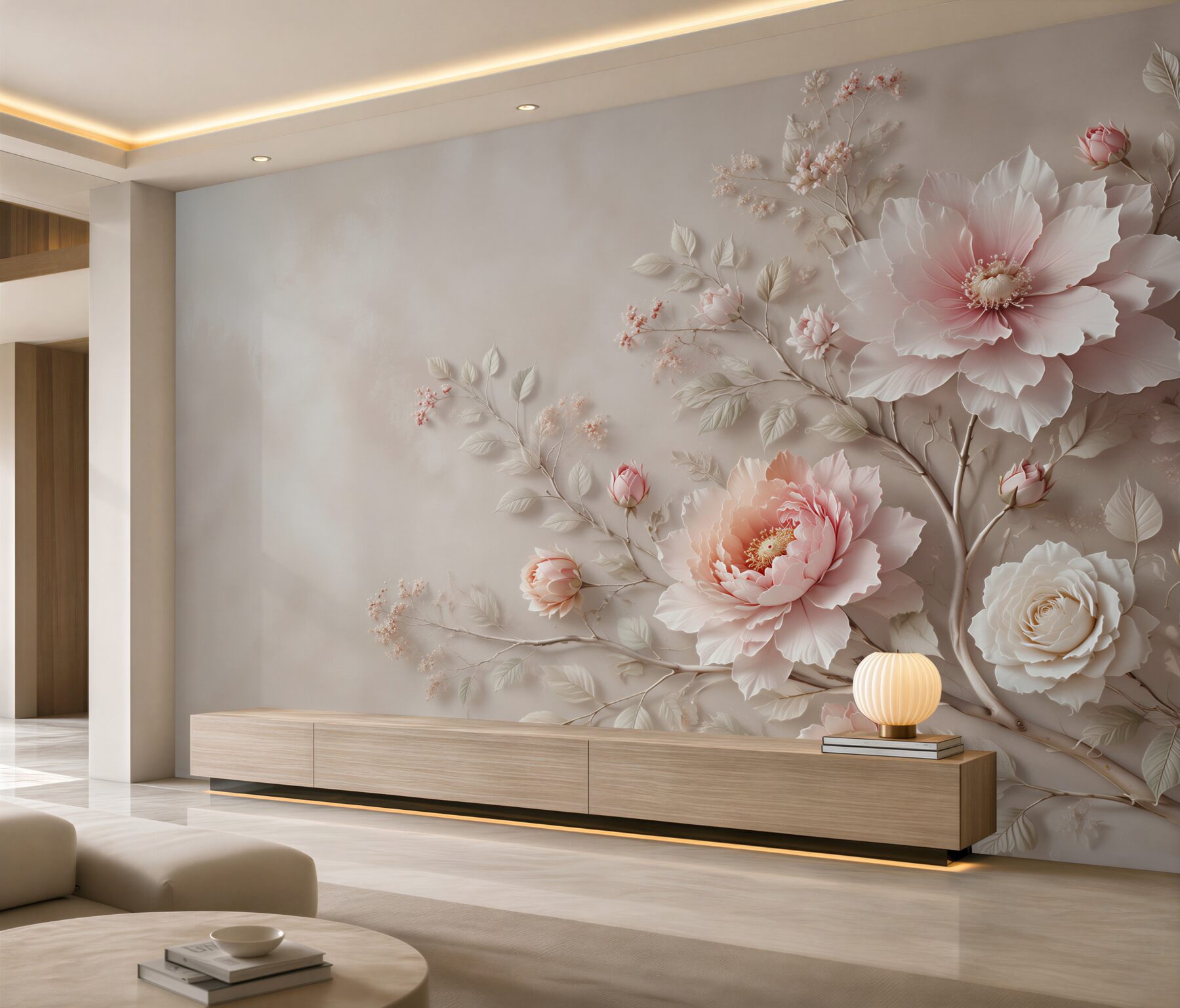 Fototapeta jasnoróżowe peonie i róże na beżowym tle elegancka?v23