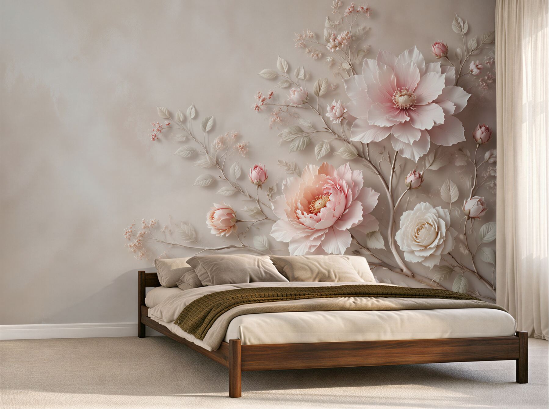 Fototapeta jasnoróżowe peonie i róże na beżowym tle elegancka