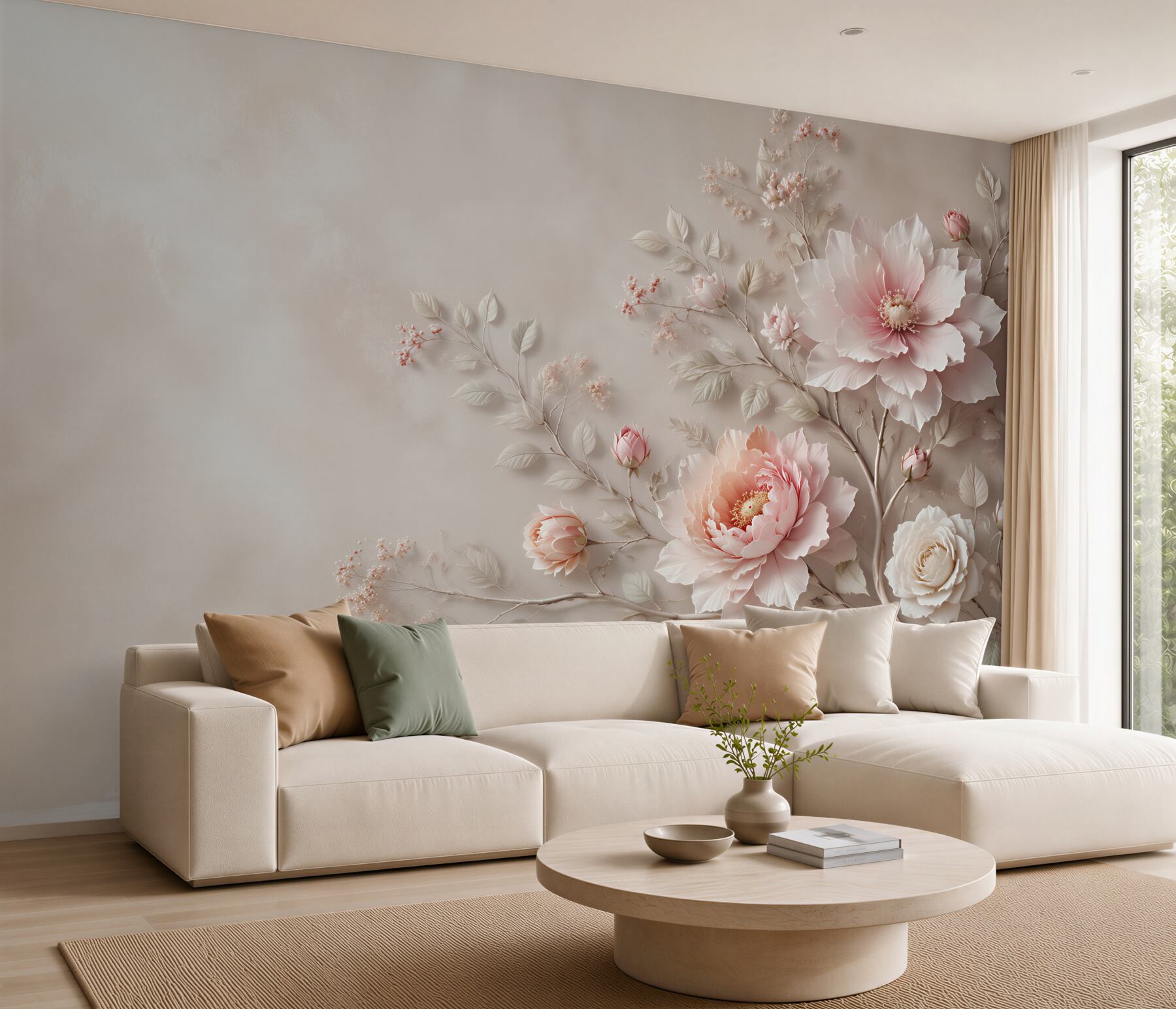 Fototapeta jasnoróżowe peonie i róże na beżowym tle elegancka?v23
