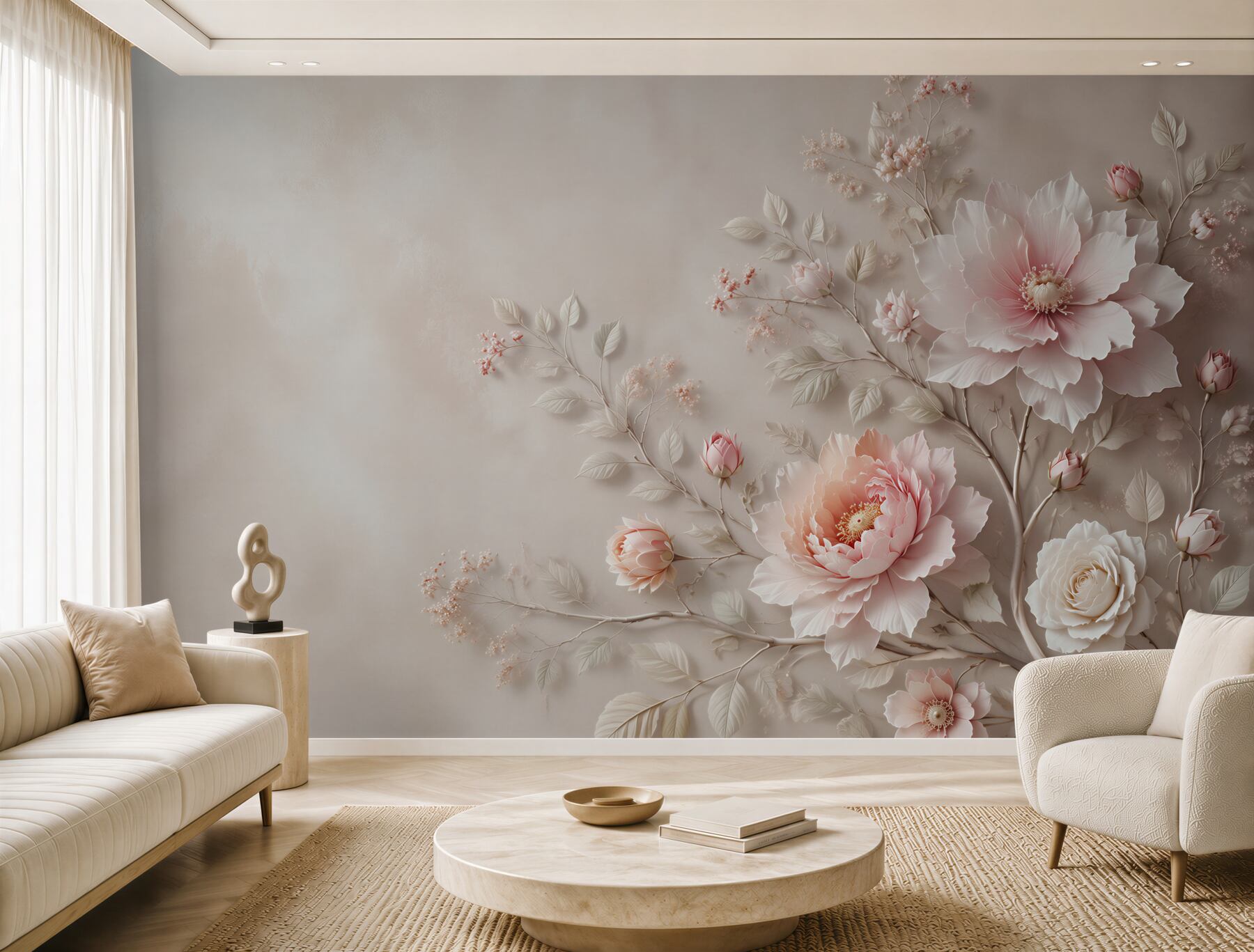 Fototapeta jasnoróżowe peonie i róże na beżowym tle elegancka?v23