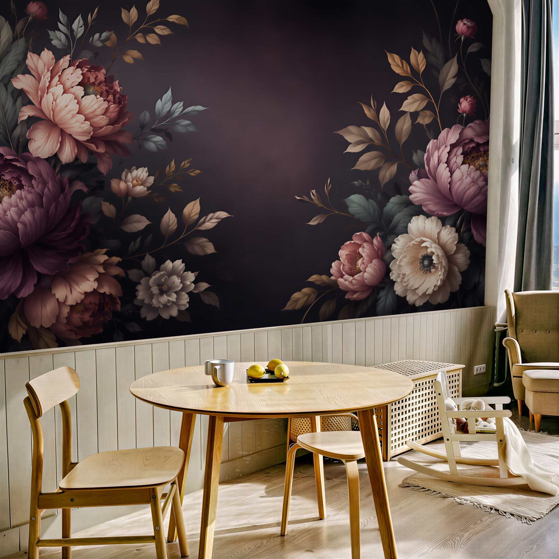 Fototapeta piwonie pudrowy róż na ciemnym tle elegancka?v23
