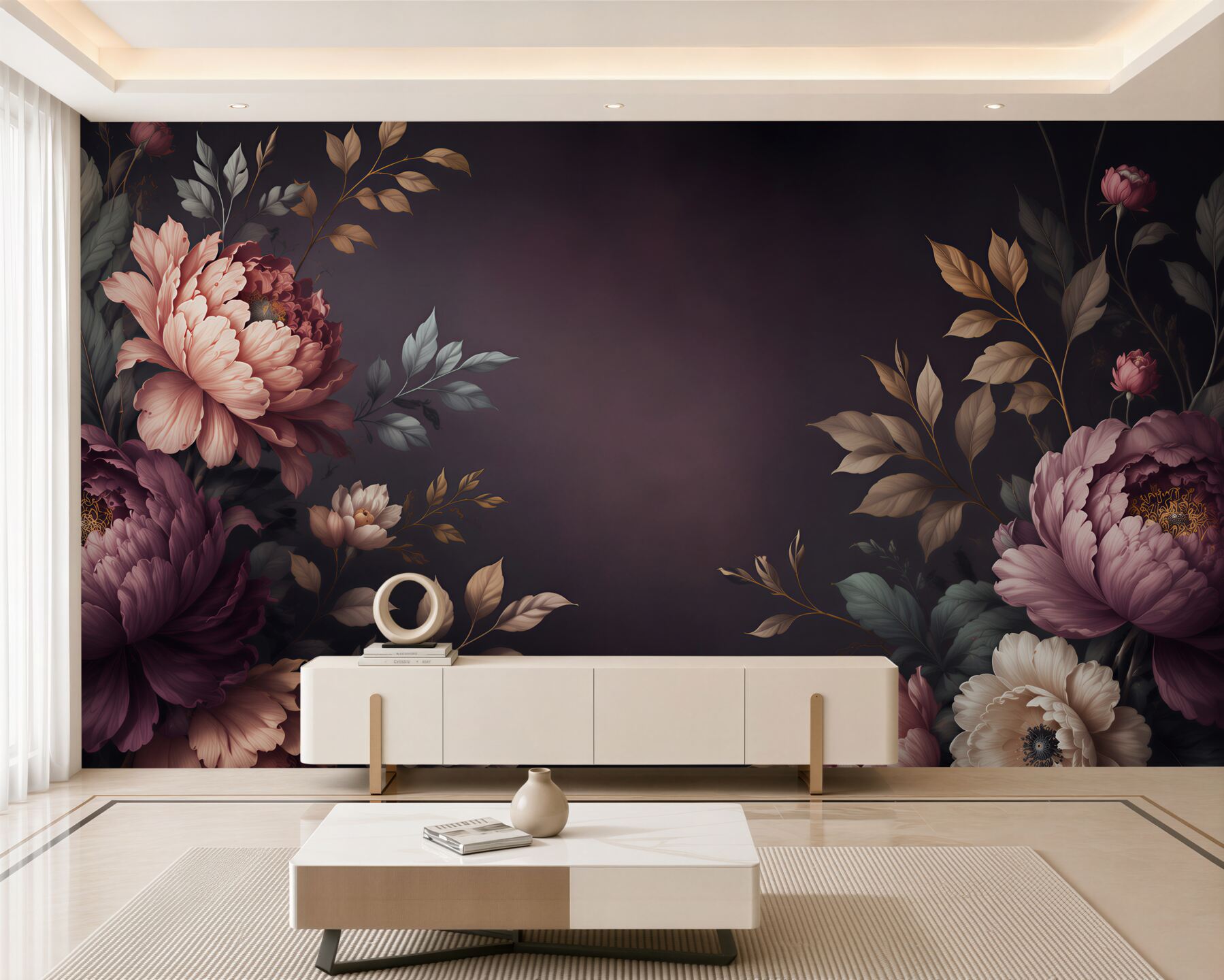 Fototapeta piwonie pudrowy róż na ciemnym tle elegancka?v23