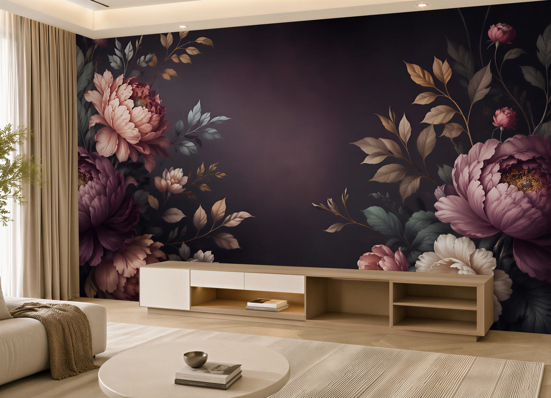 Fototapeta piwonie pudrowy róż na ciemnym tle elegancka?v23