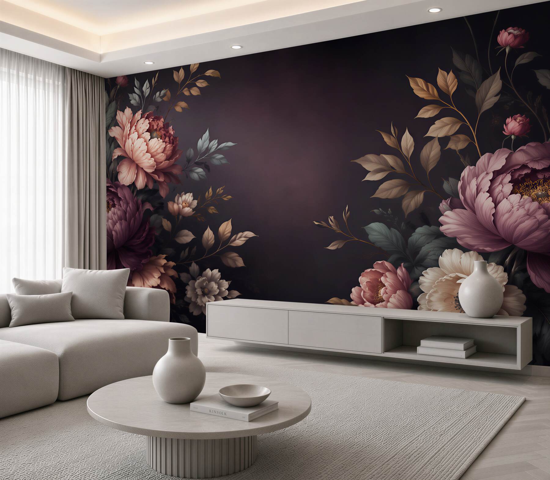 Fototapeta piwonie pudrowy róż na ciemnym tle elegancka?v23