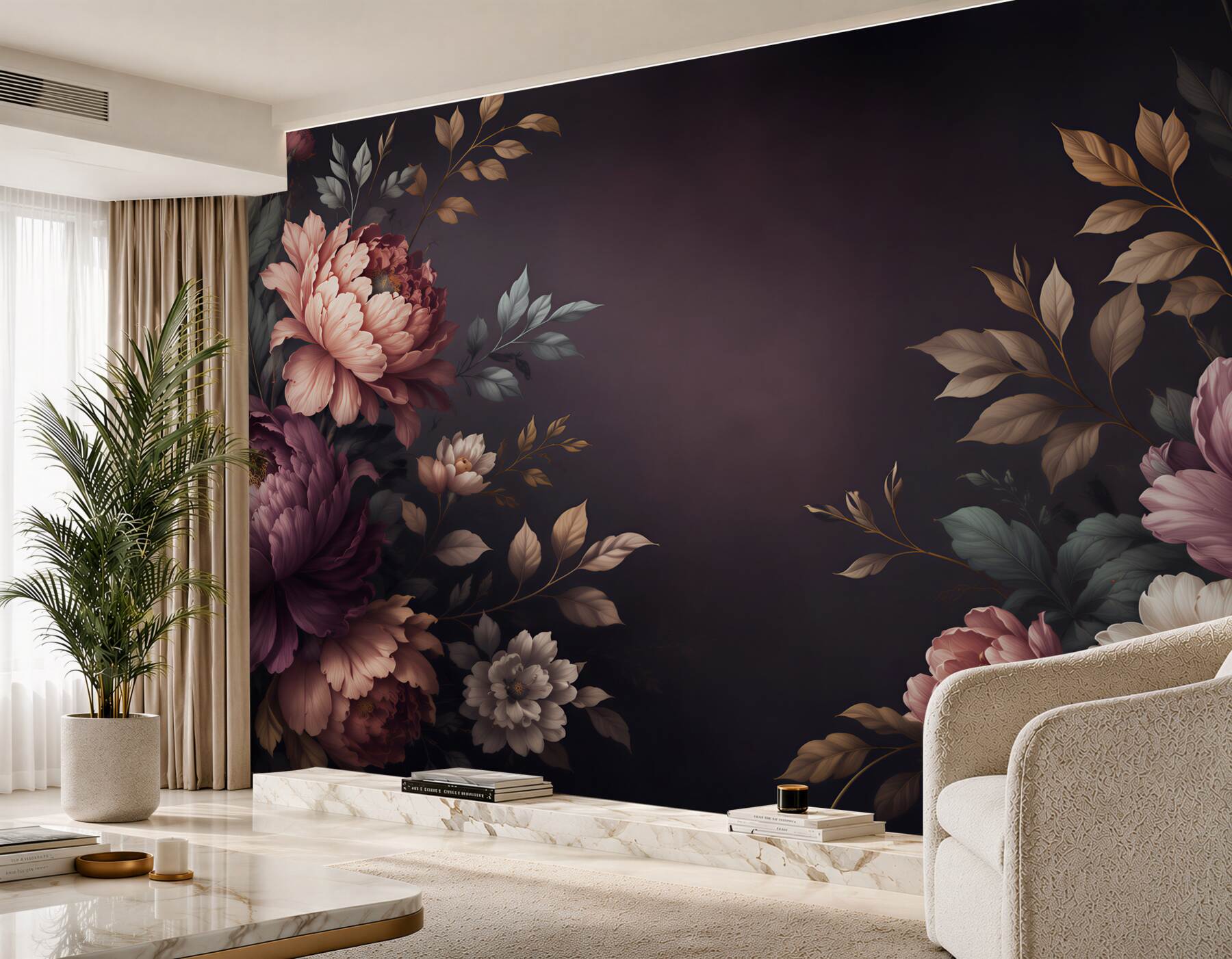 Fototapeta piwonie pudrowy róż na ciemnym tle elegancka