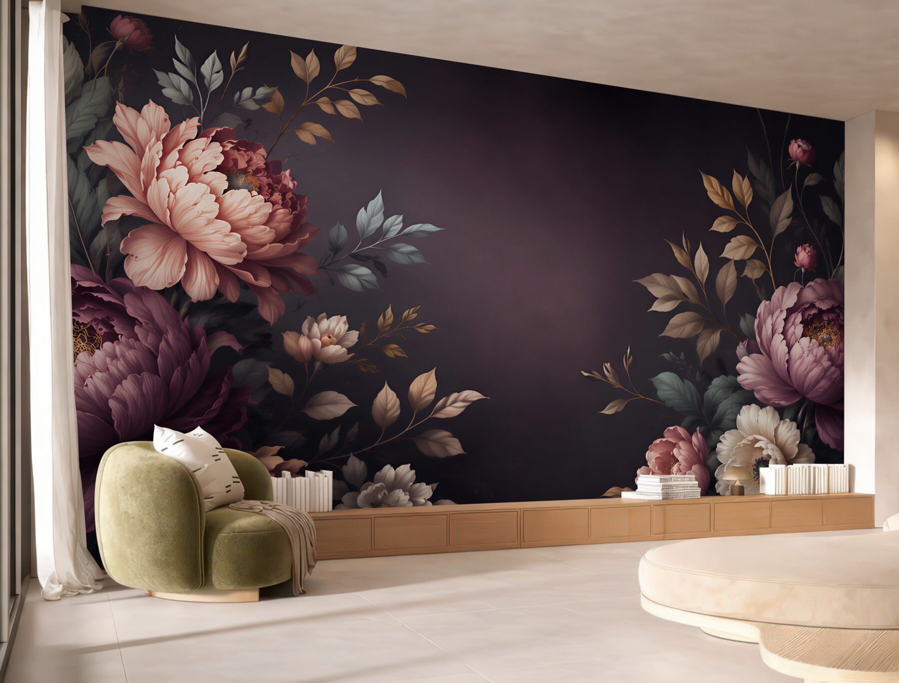 Fototapeta piwonie pudrowy róż na ciemnym tle elegancka?v23