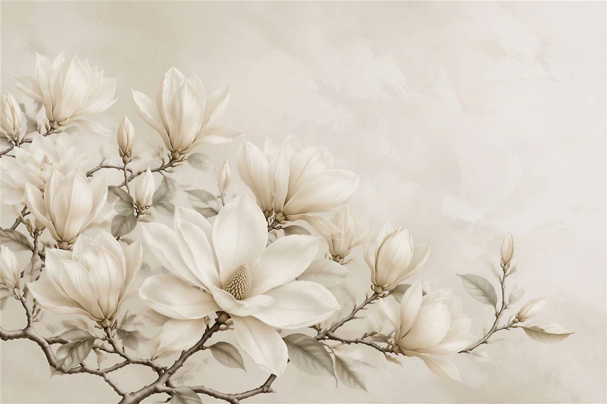 Fototapeta magnolia biała na gałęziach elegancka beżowa
