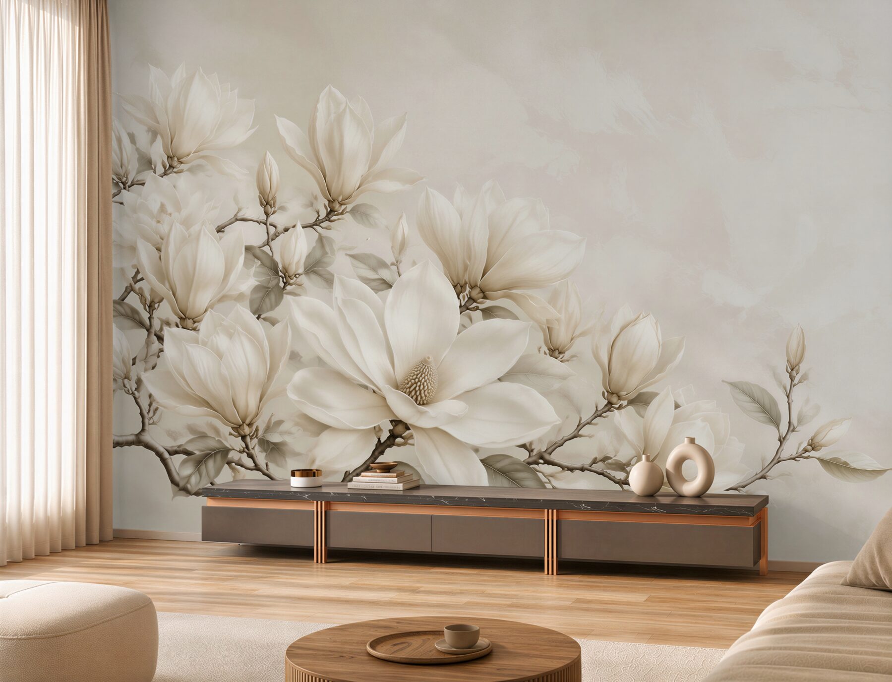 Fototapeta magnolia biała na gałęziach elegancka beżowa?v23