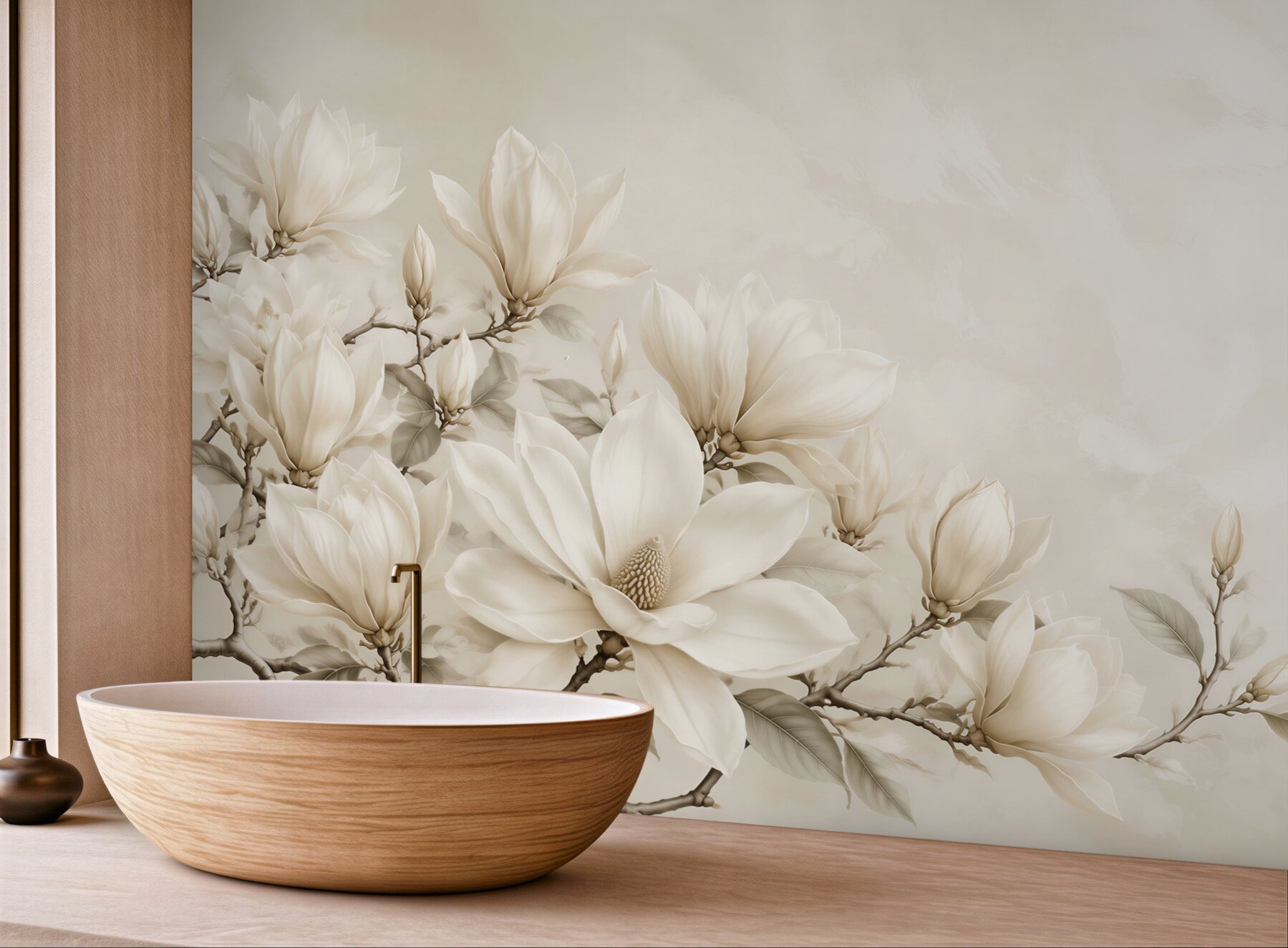 Fototapeta magnolia biała na gałęziach elegancka beżowa?v23