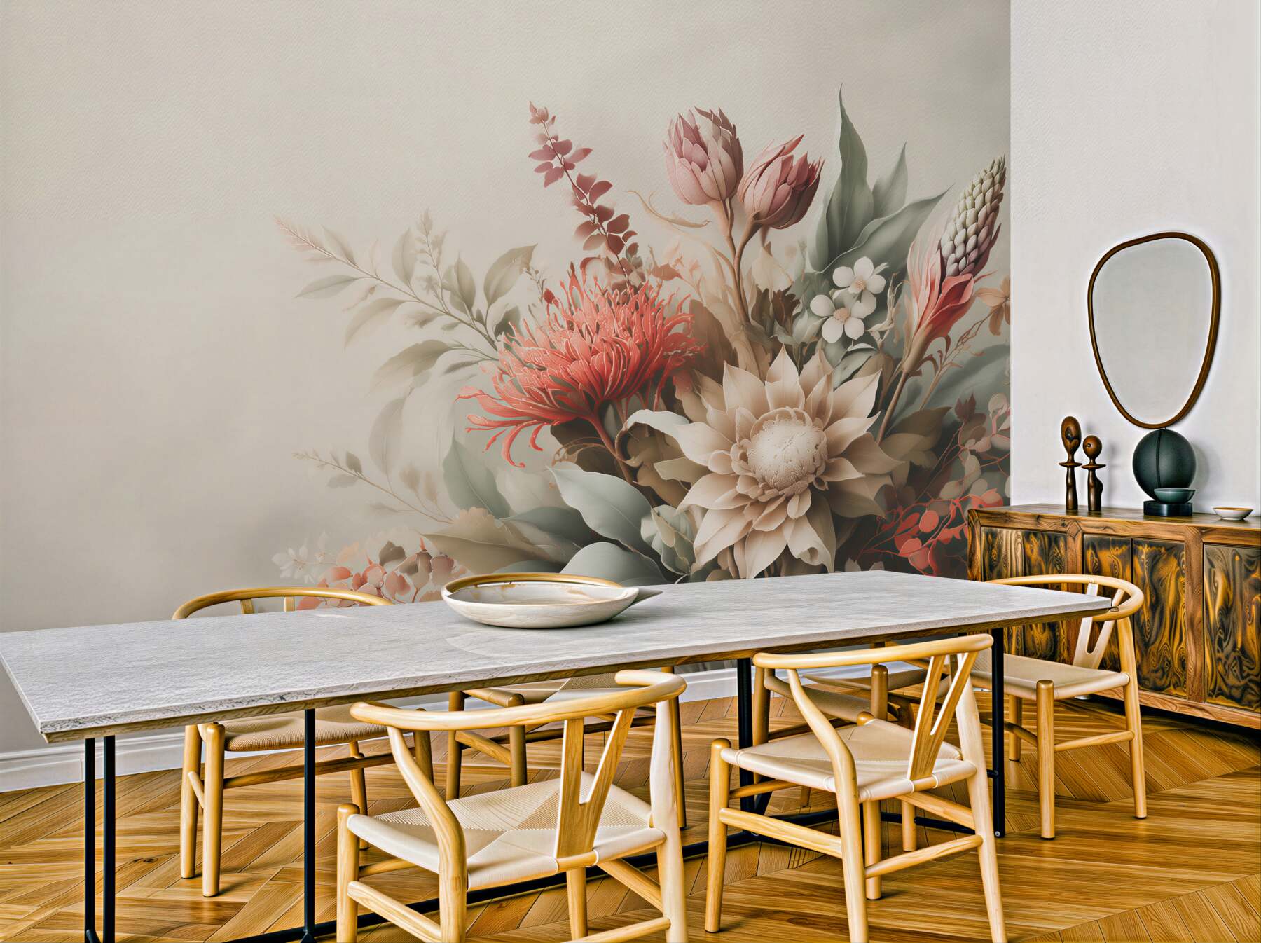 Fototapeta egzotyczne kwiaty i liście w pastelowych beżach do salonu?v23