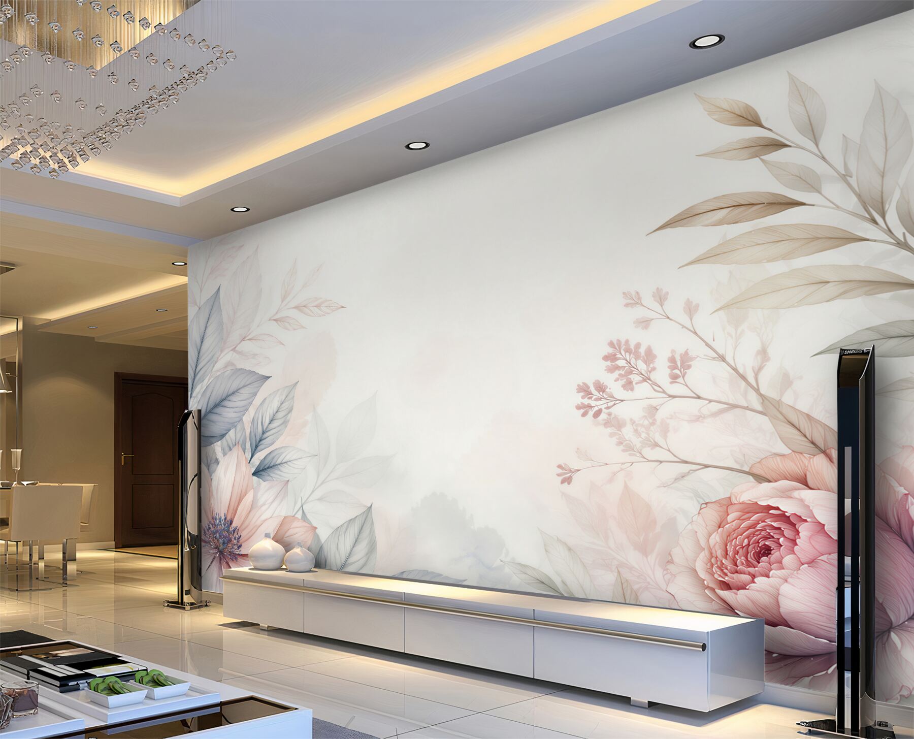 Fototapeta pastelowe kwiaty i liście w pudrowym różu oraz błękicie?v23
