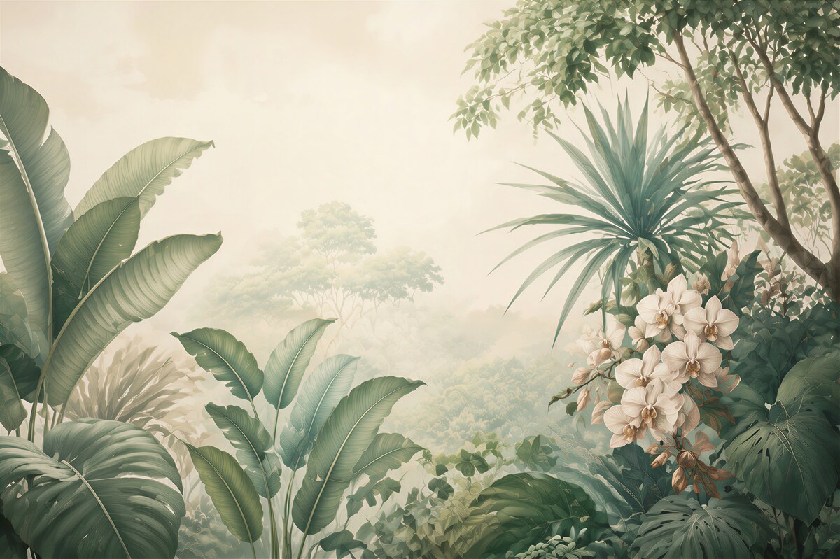 Fototapeta tropikalne liście i białe orchidee w stylu botanicznym