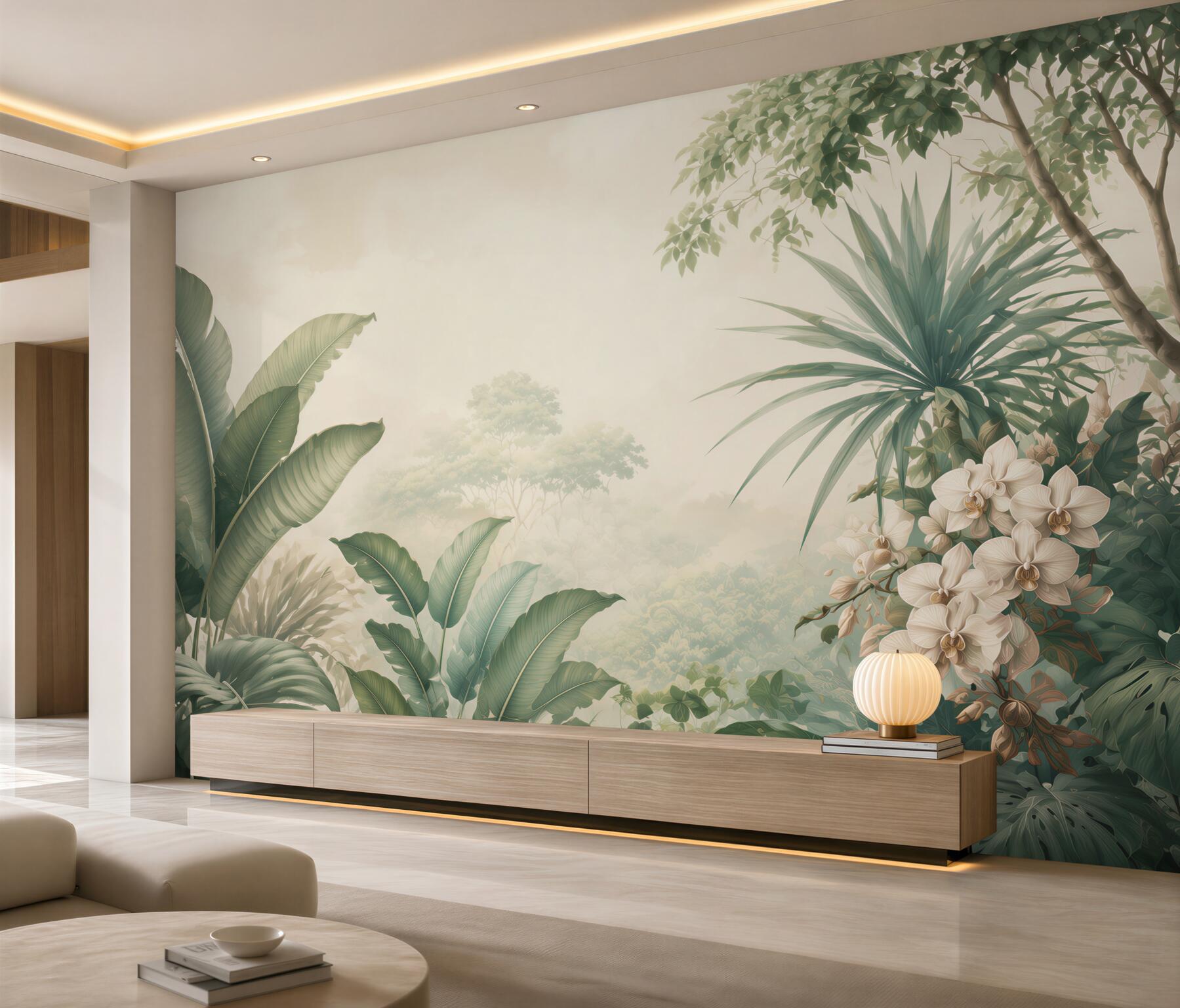 Fototapeta tropikalne liście i białe orchidee w stylu botanicznym?v23