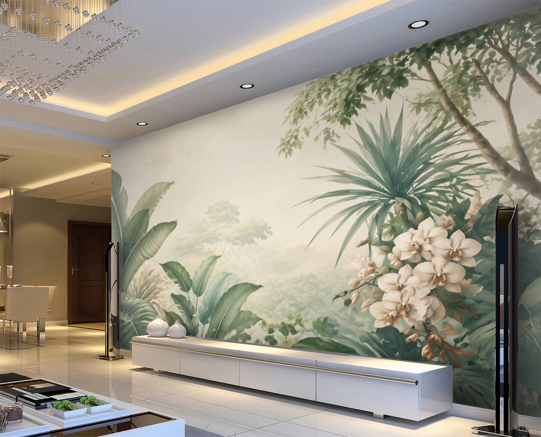 Fototapeta tropikalne liście i białe orchidee w stylu botanicznym