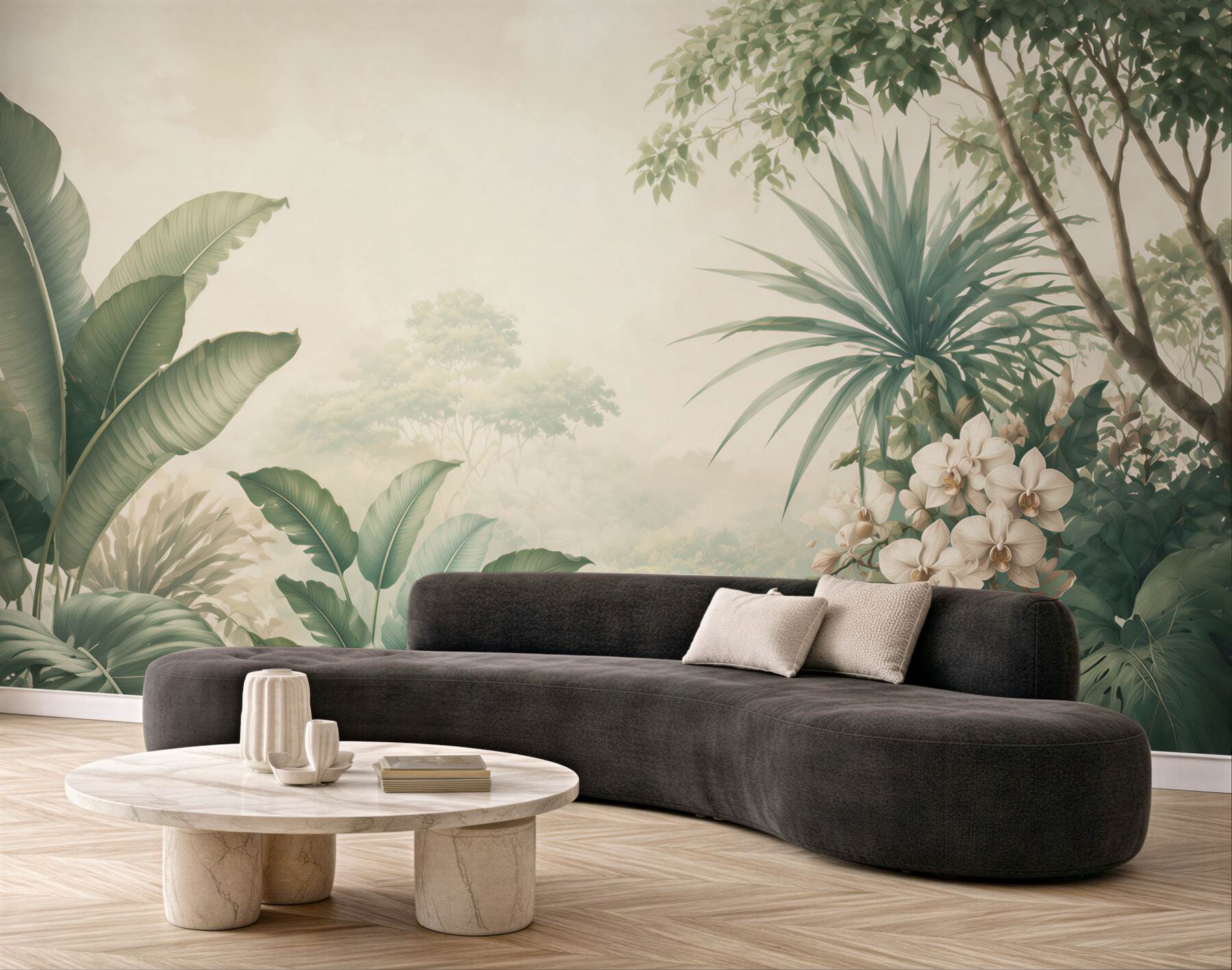 Fototapeta tropikalne liście i białe orchidee w stylu botanicznym?v23