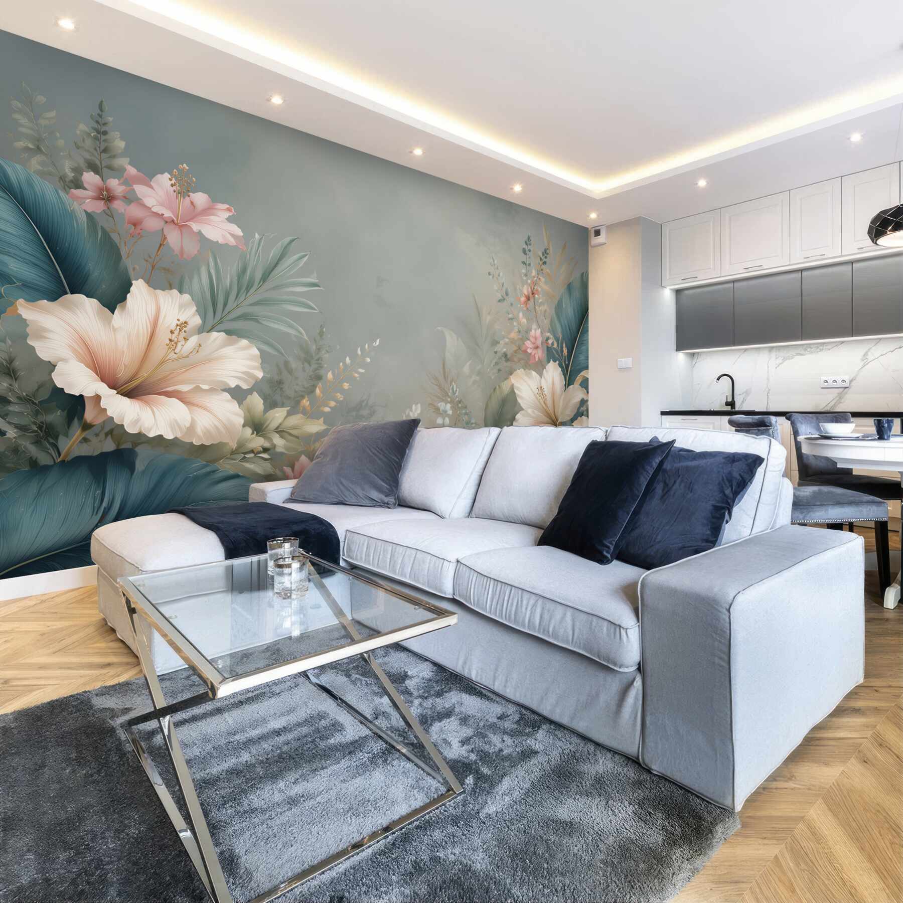 Fototapeta tropikalne liście i jasne hibiskusy w eleganckim stylu?v23