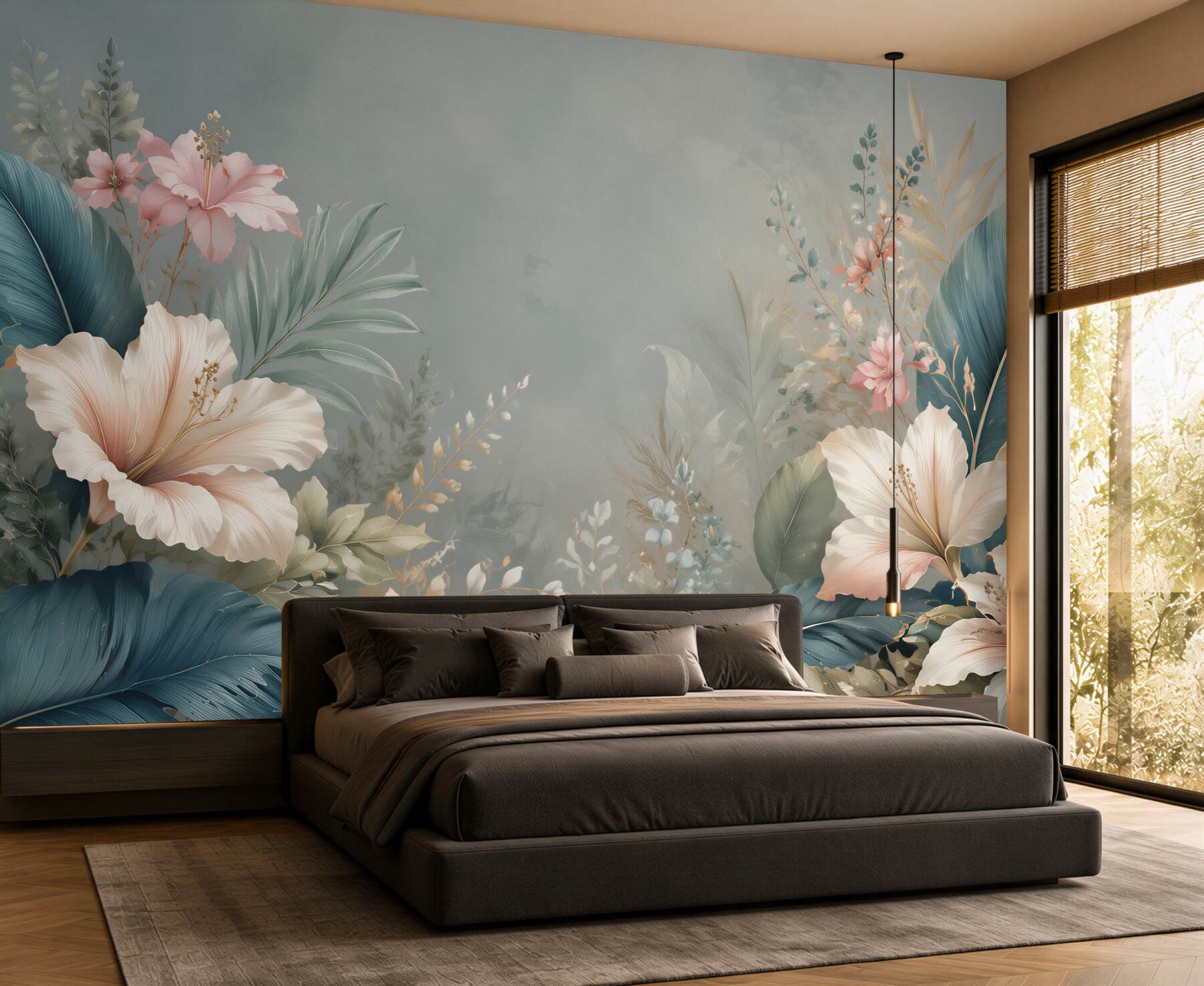 Fototapeta tropikalne liście i jasne hibiskusy w eleganckim stylu?v23