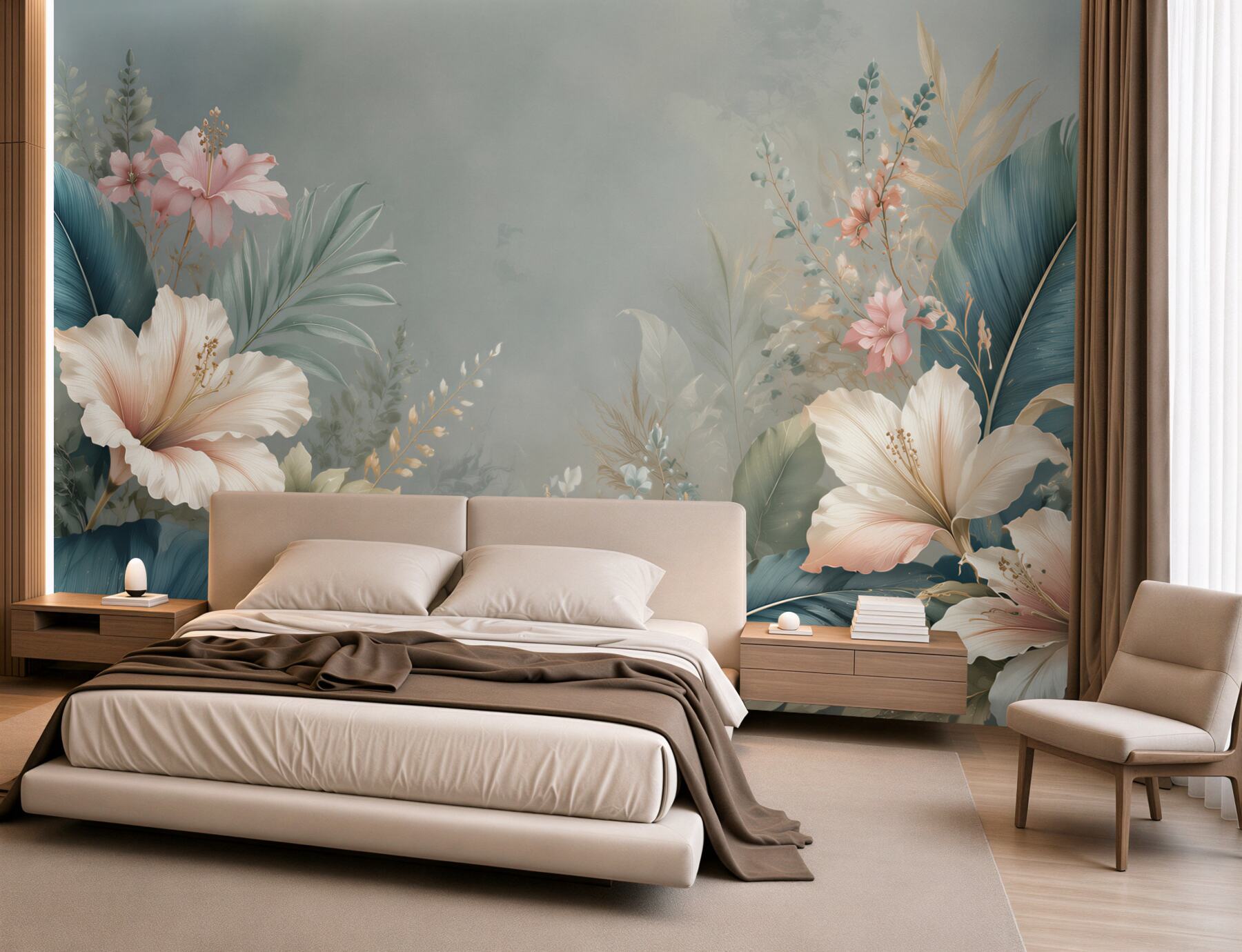 Fototapeta tropikalne liście i jasne hibiskusy w eleganckim stylu?v23