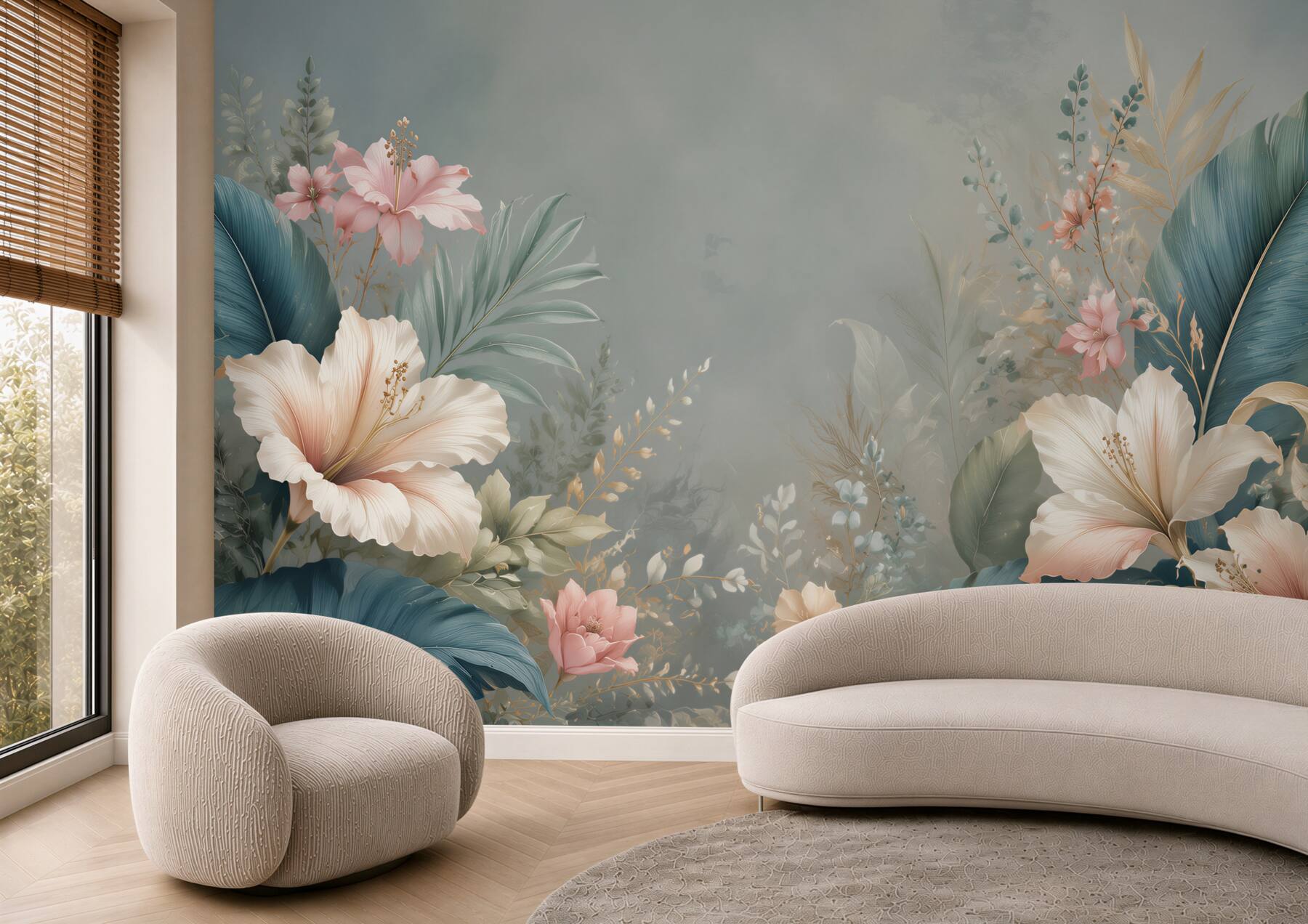 Fototapeta tropikalne liście i jasne hibiskusy w eleganckim stylu?v23