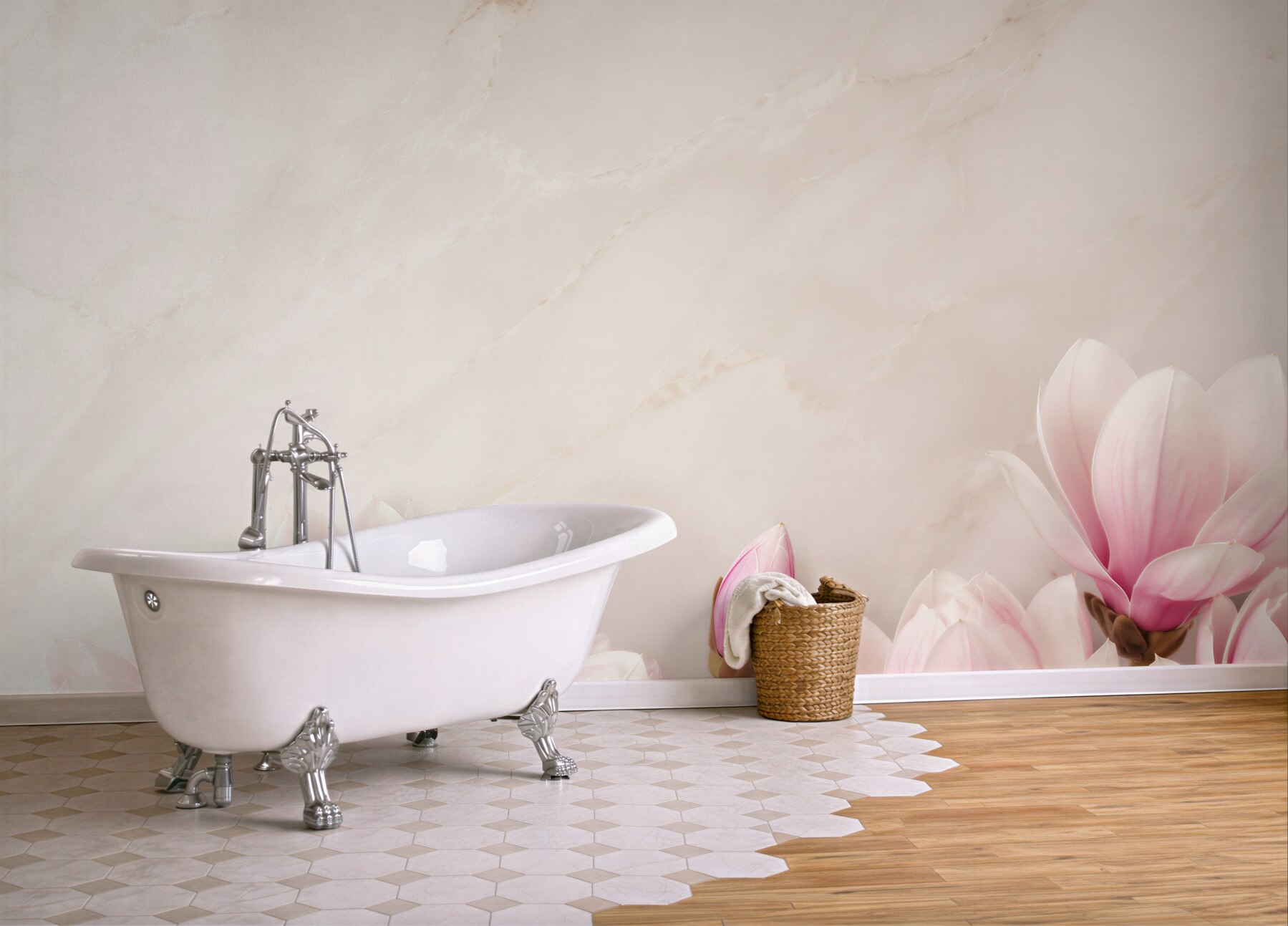 Fototapeta kwiaty magnolii pastelowy róż na eleganckim jasnym tle?v23