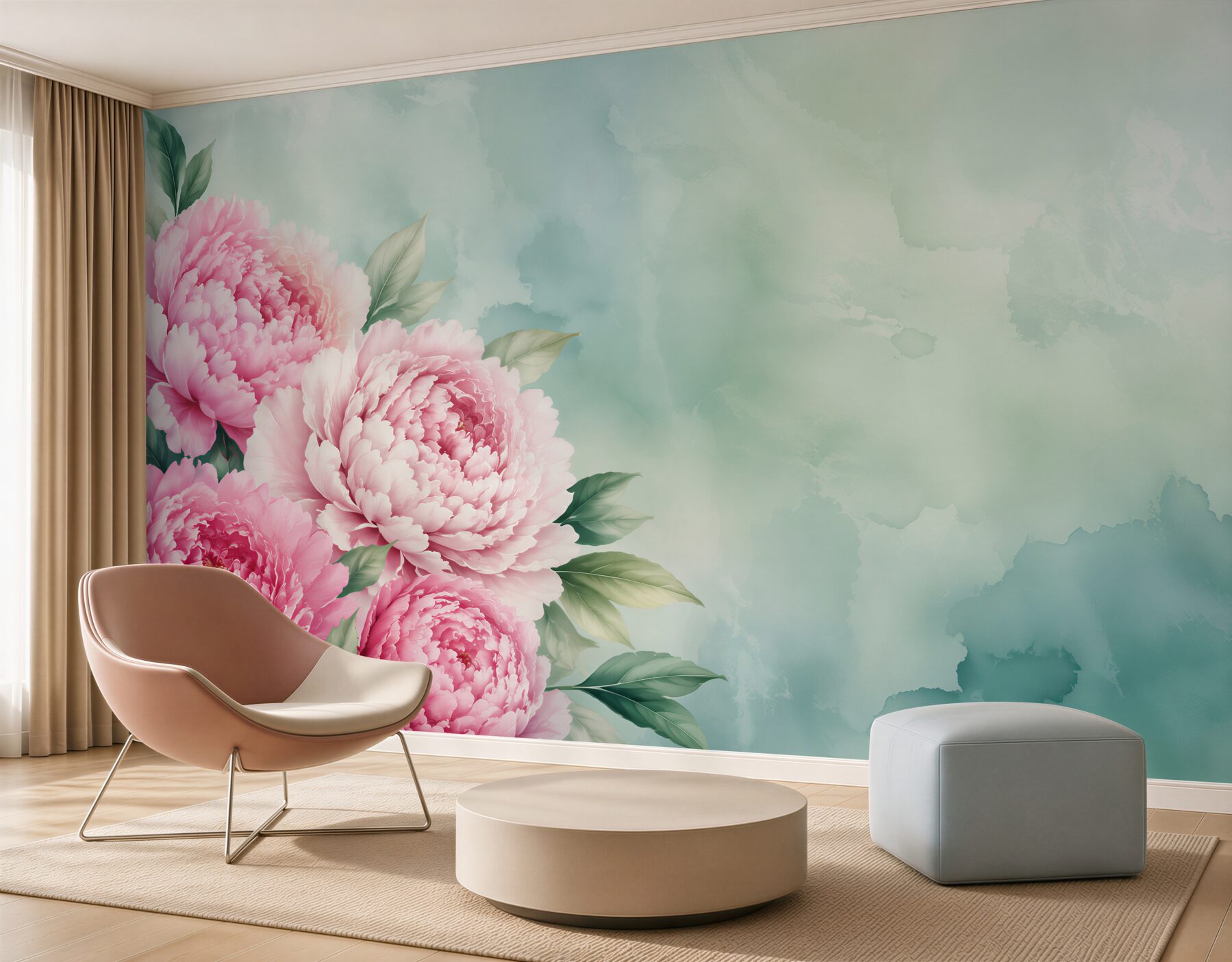Fototapeta różowe piwonie na miętowym tle pastelowa elegancja?v23