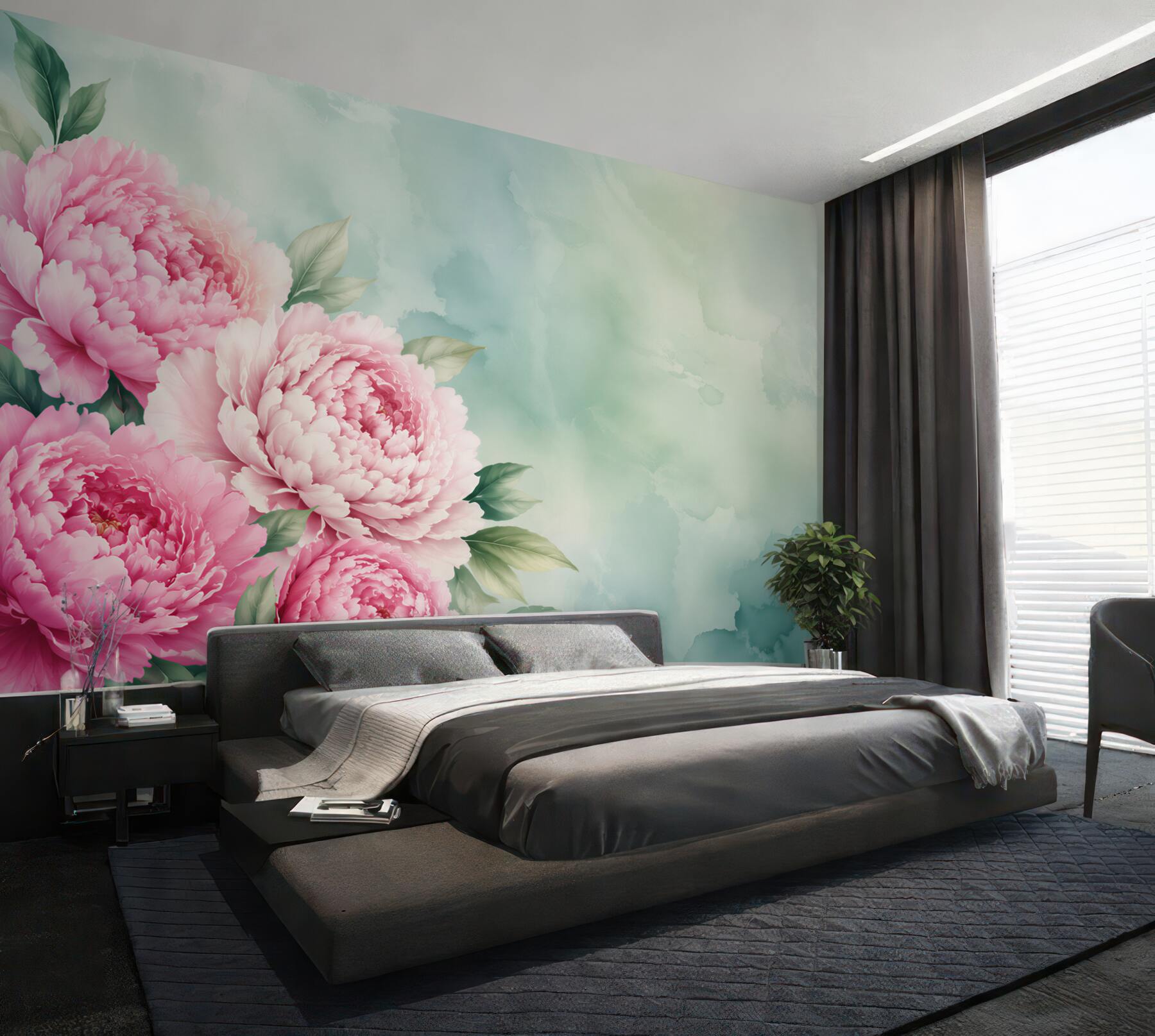 Fototapeta różowe piwonie na miętowym tle pastelowa elegancja?v23