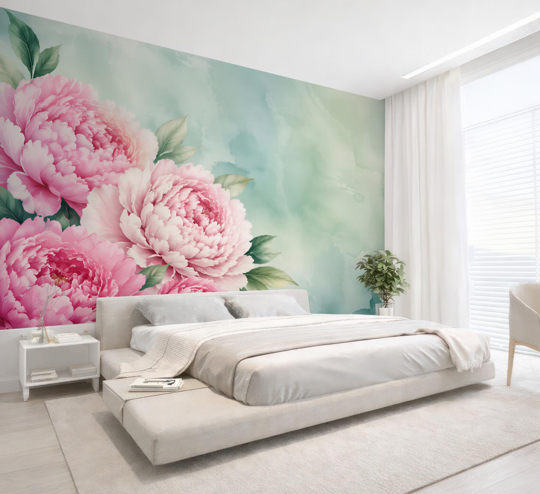 Fototapeta różowe piwonie na miętowym tle pastelowa elegancja?v23