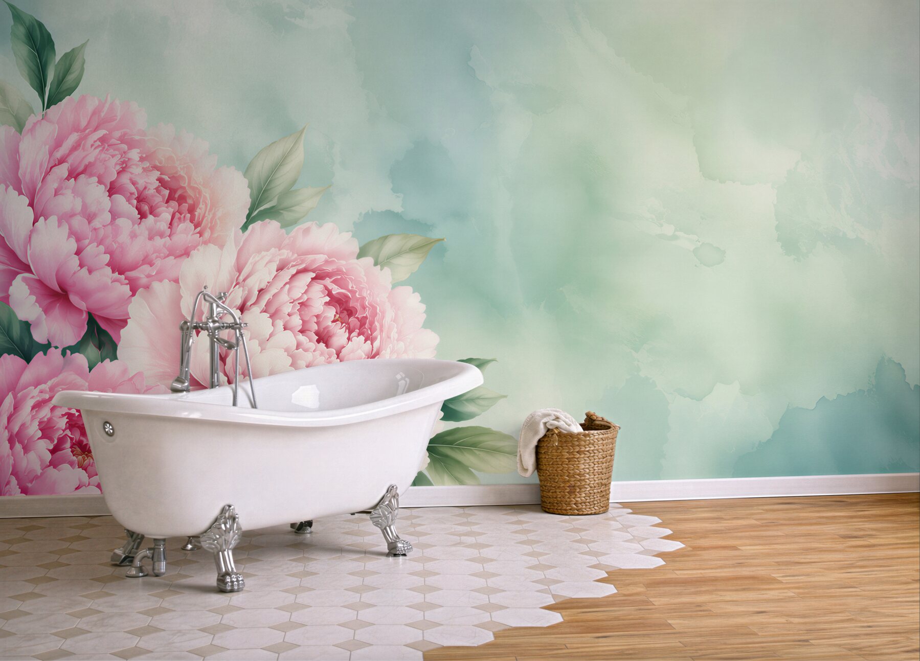 Fototapeta różowe piwonie na miętowym tle pastelowa elegancja?v23