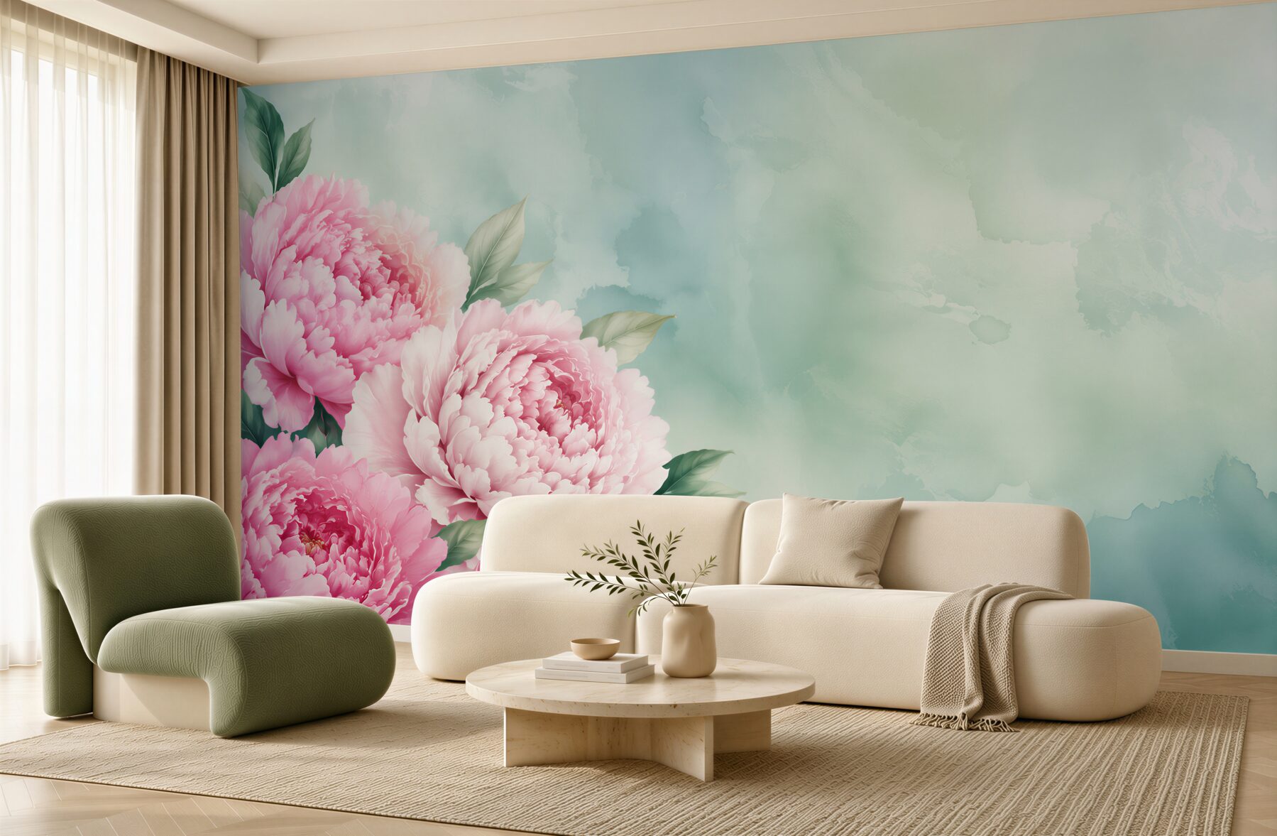 Fototapeta różowe piwonie na miętowym tle pastelowa elegancja?v23