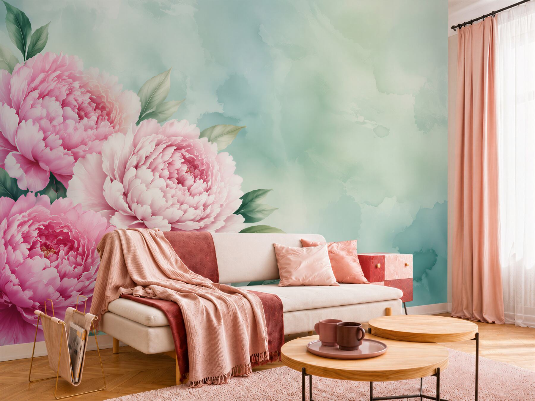 Fototapeta różowe piwonie na miętowym tle pastelowa elegancja?v23