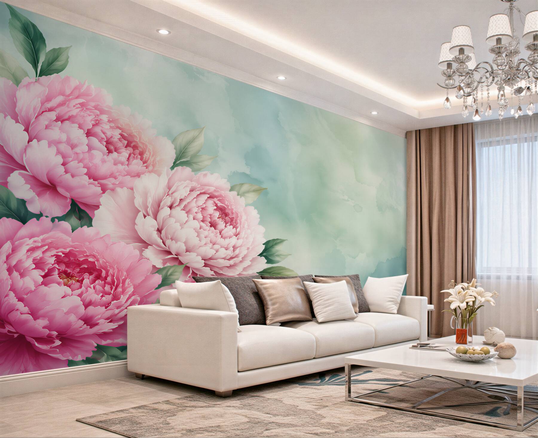 Fototapeta różowe piwonie na miętowym tle pastelowa elegancja?v23