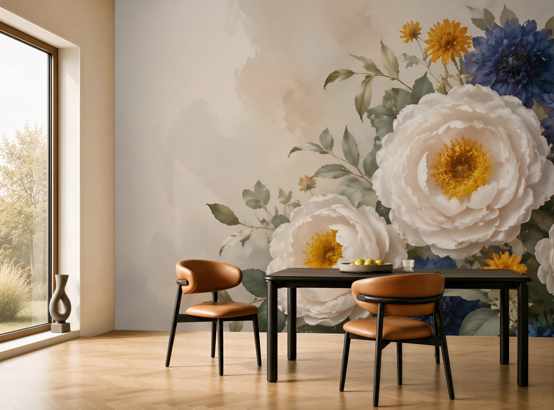 Fototapeta białe peonie z granatowymi kwiatami elegancka kompozycja?v23