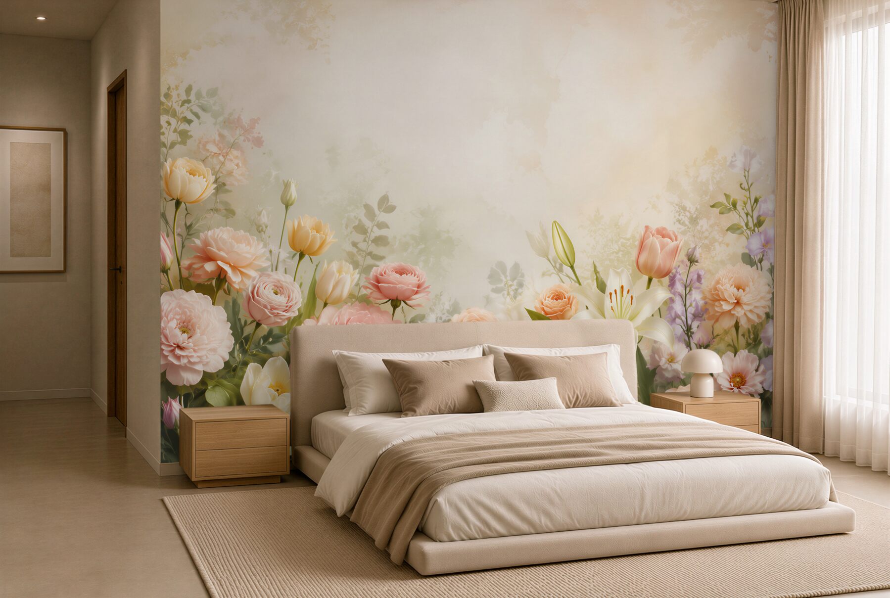 Fototapeta łąka kwiatowa pastelowa z piwoniami i lilią do jasnego salonu?v23