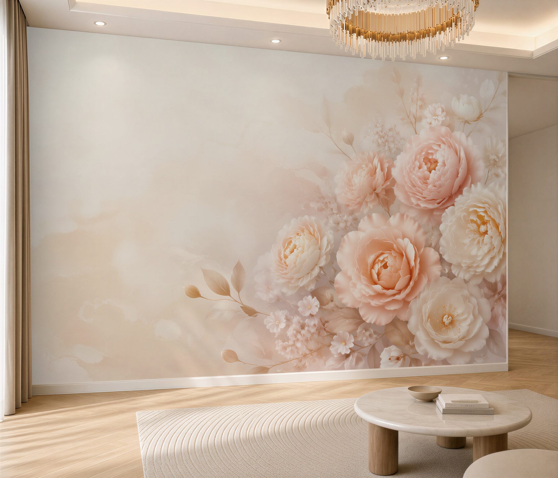Fototapeta kremowo brzoskwiniowe kwiaty pastelowe do eleganckiej sypialni?v23