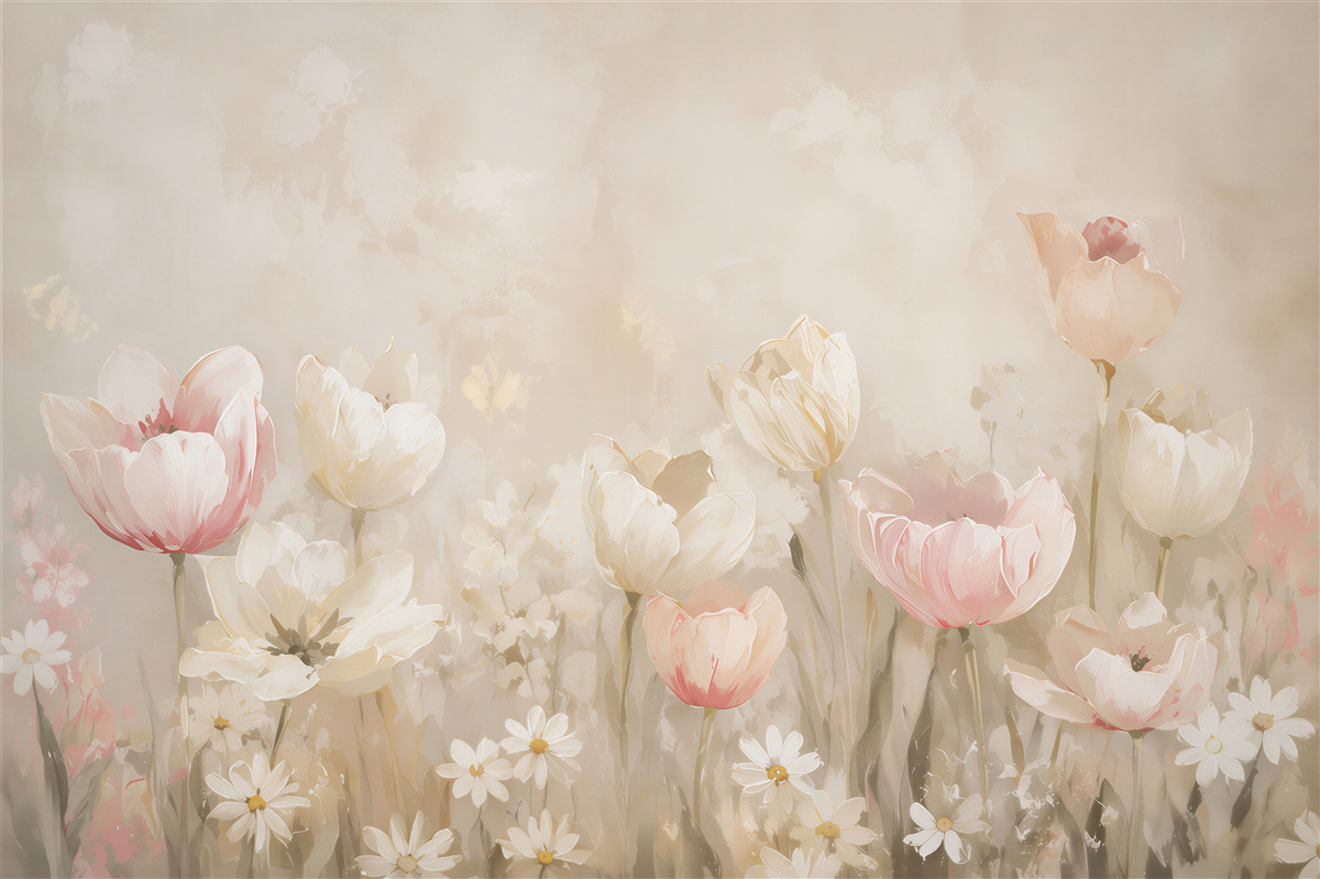 Fototapeta tulipany i stokrotki pastelowa łąka w beżowych tonach
