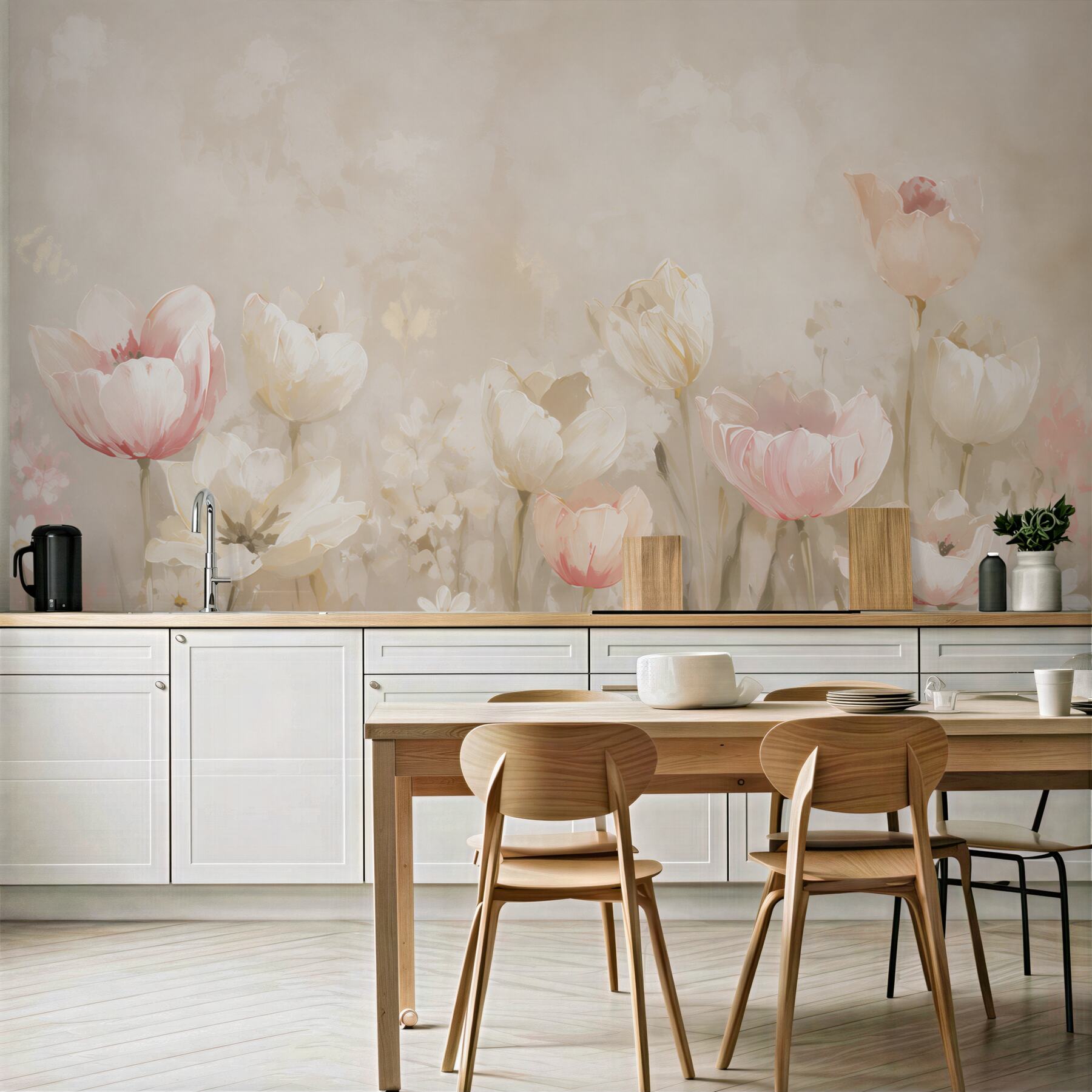 Fototapeta tulipany i stokrotki pastelowa łąka w beżowych tonach?v23