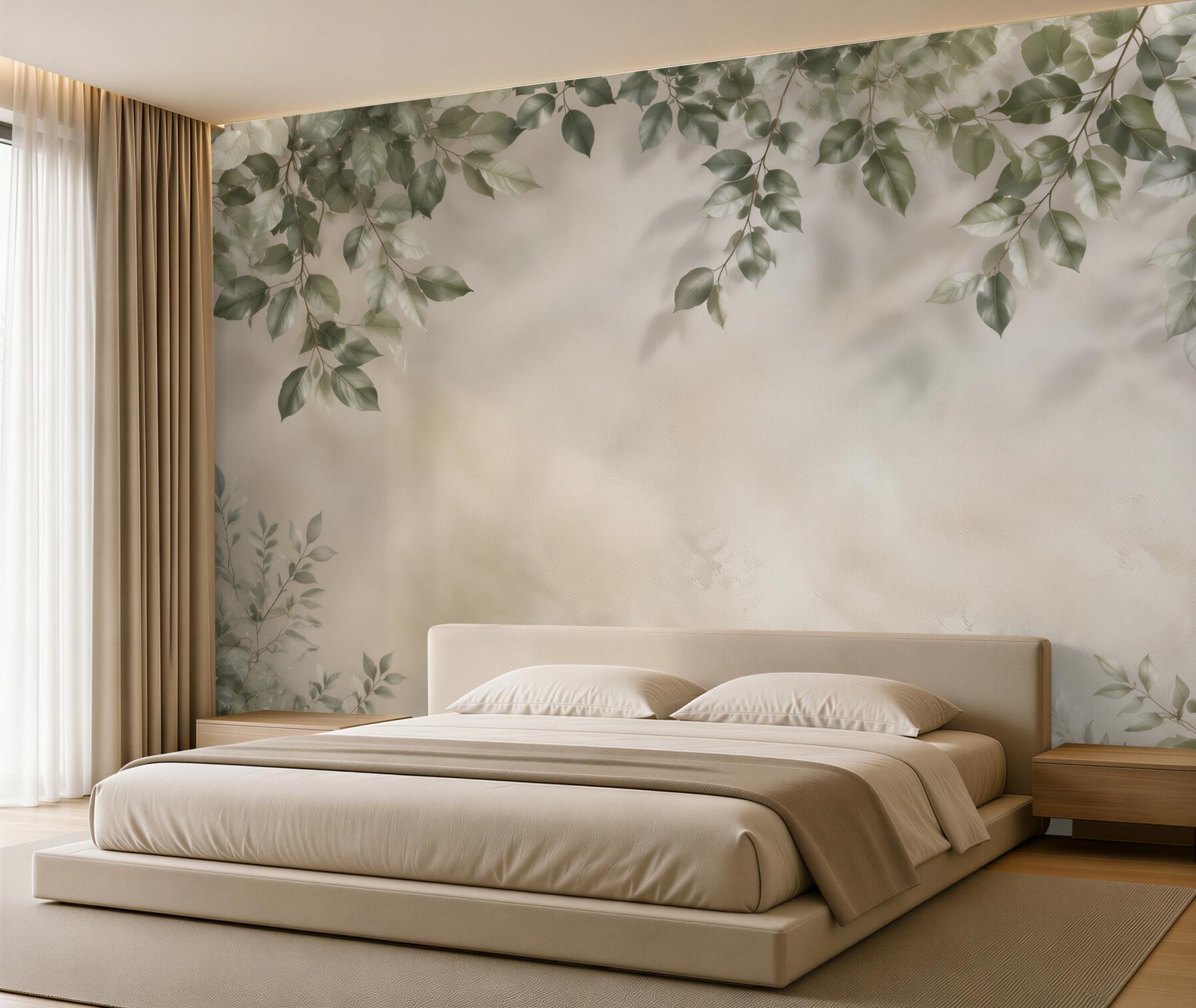 Fototapeta zielone liście na beżowym tle subtelna botaniczna?v23