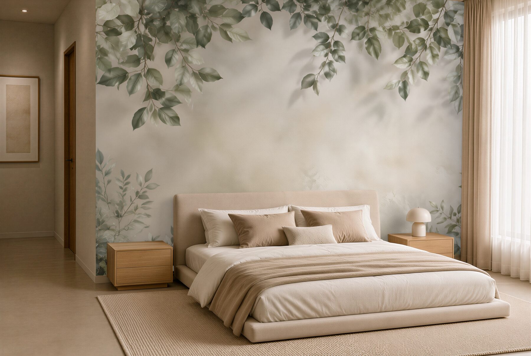 Fototapeta zielone liście na beżowym tle subtelna botaniczna?v23