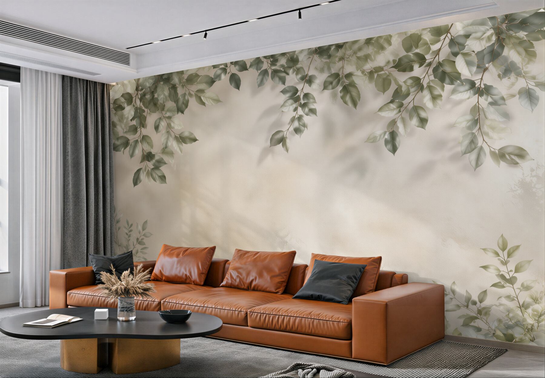 Fototapeta zielone liście na beżowym tle subtelna botaniczna?v23