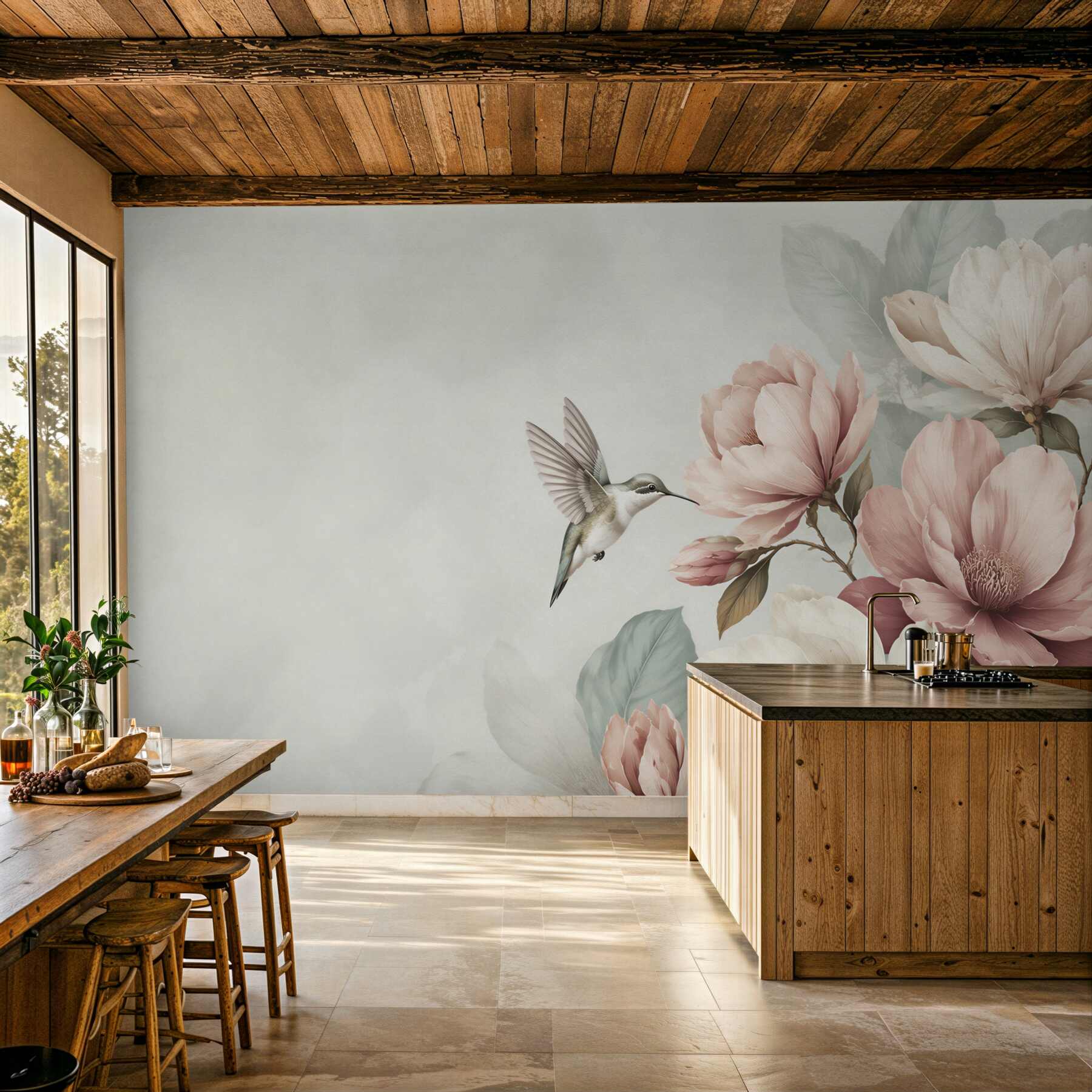 Fototapeta koliber i pastelowe magnolie w pudrowym różu