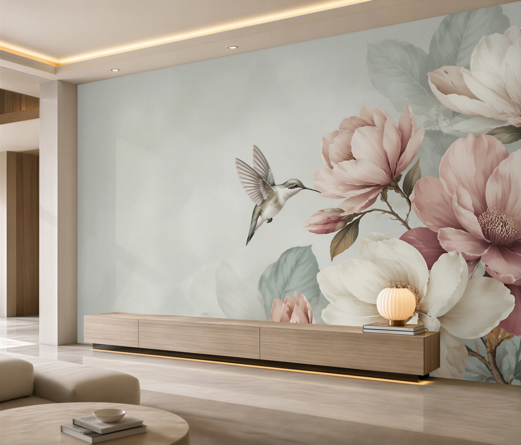 Fototapeta koliber i pastelowe magnolie w pudrowym różu?v23