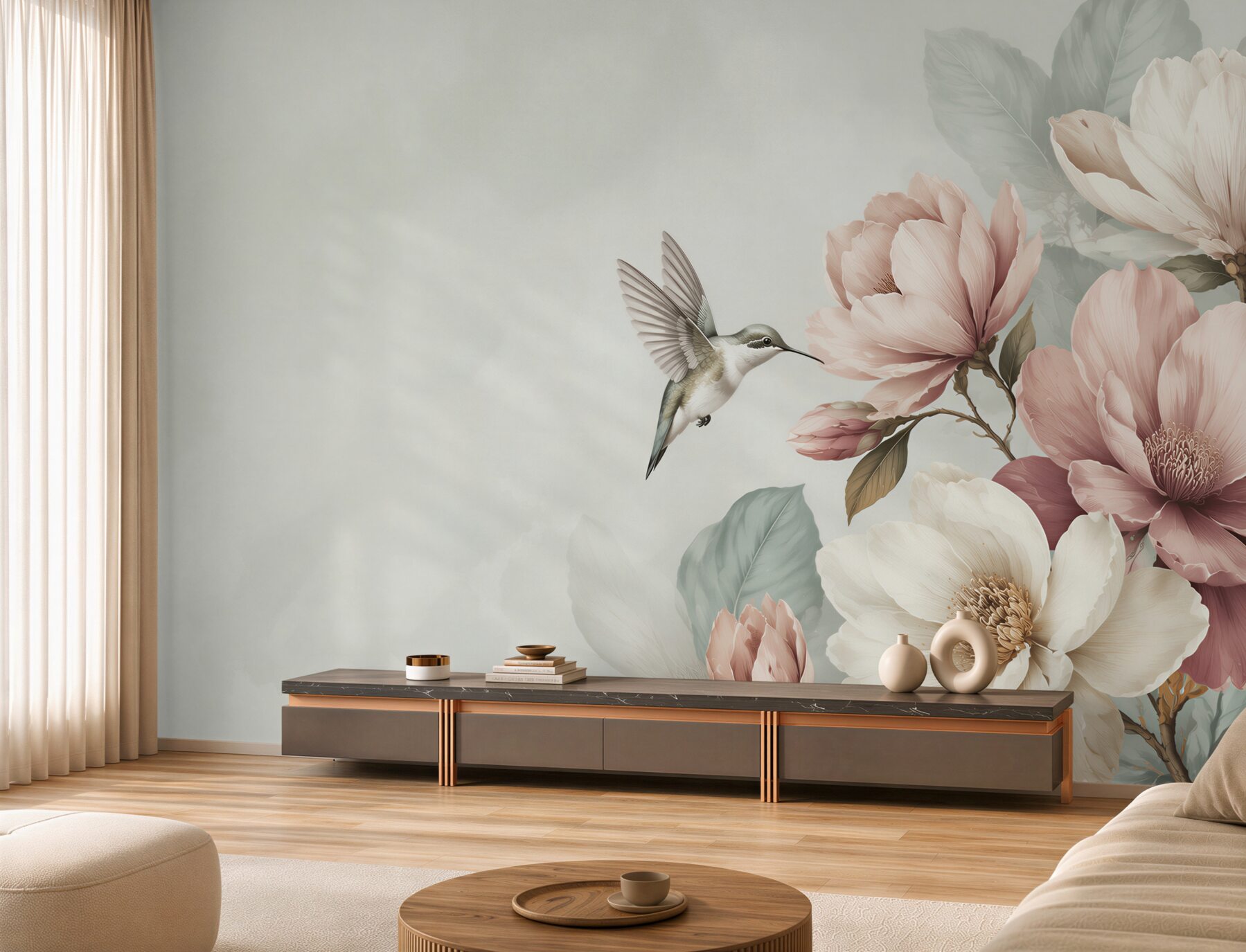 Fototapeta koliber i pastelowe magnolie w pudrowym różu?v23
