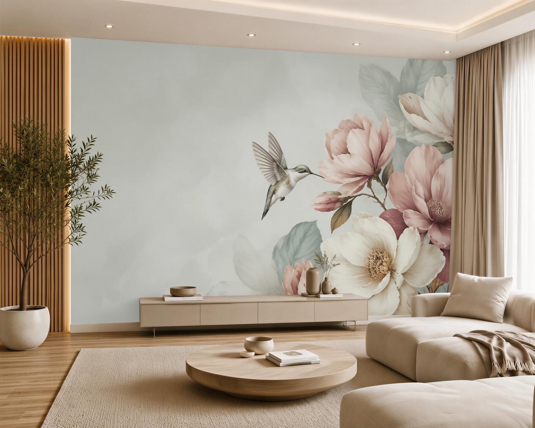 Fototapeta koliber i pastelowe magnolie w pudrowym różu?v23