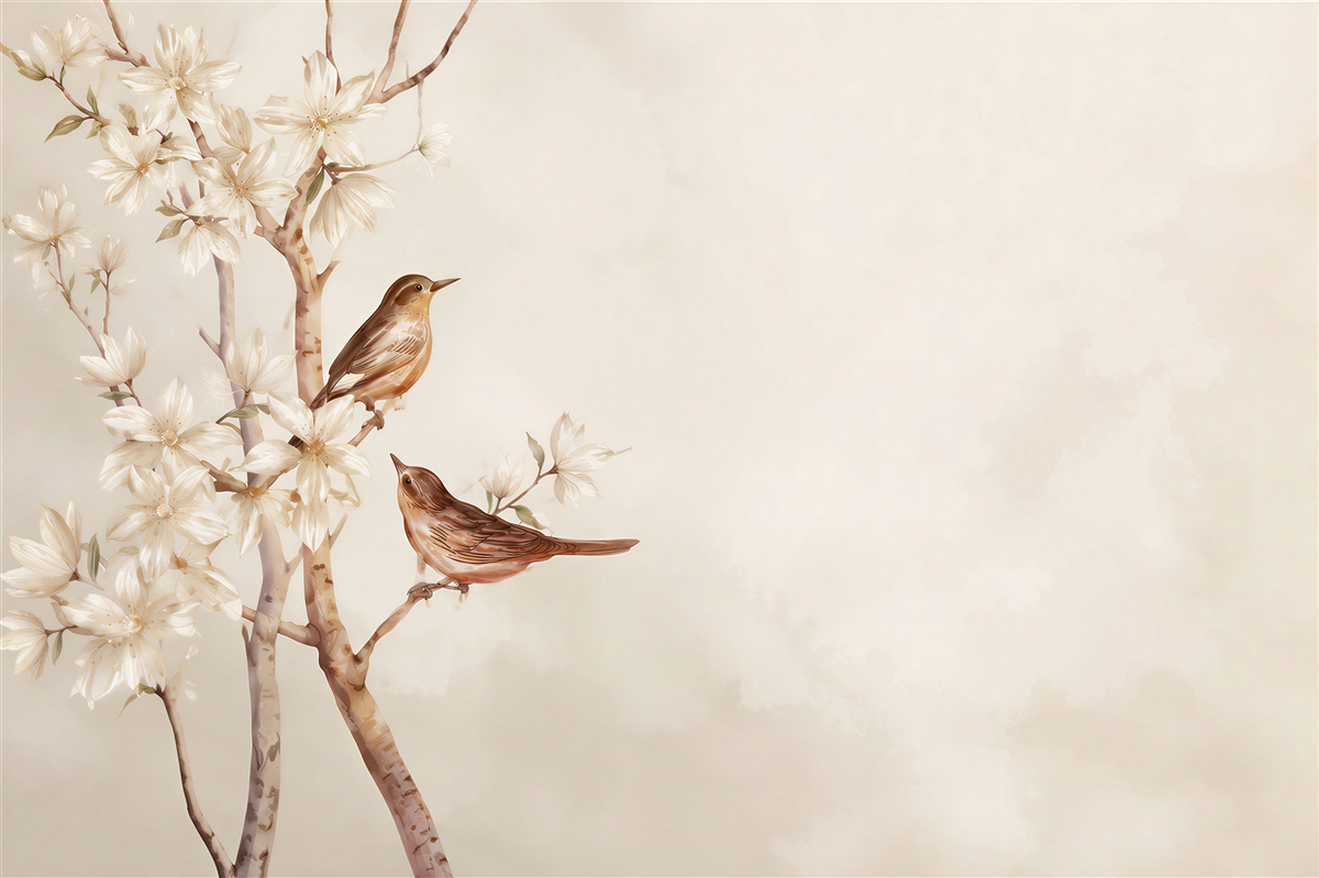 Fototapeta ptaki na kwitnącej gałęzi magnolii beżowa pastelowa