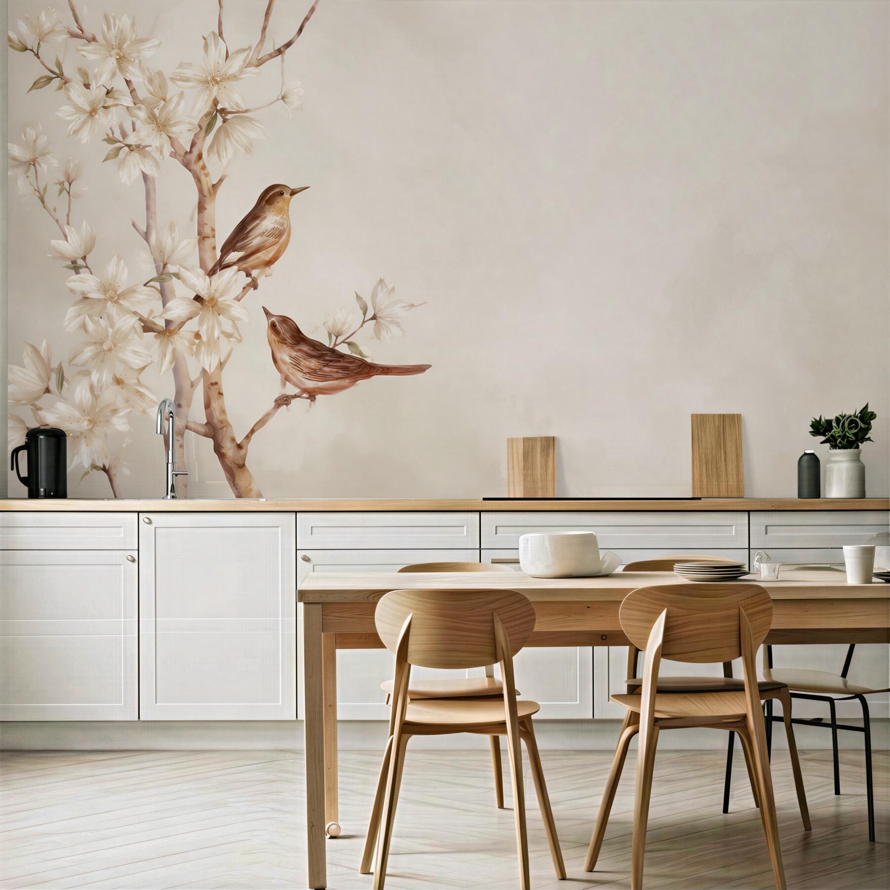 Fototapeta ptaki na kwitnącej gałęzi magnolii beżowa pastelowa?v23