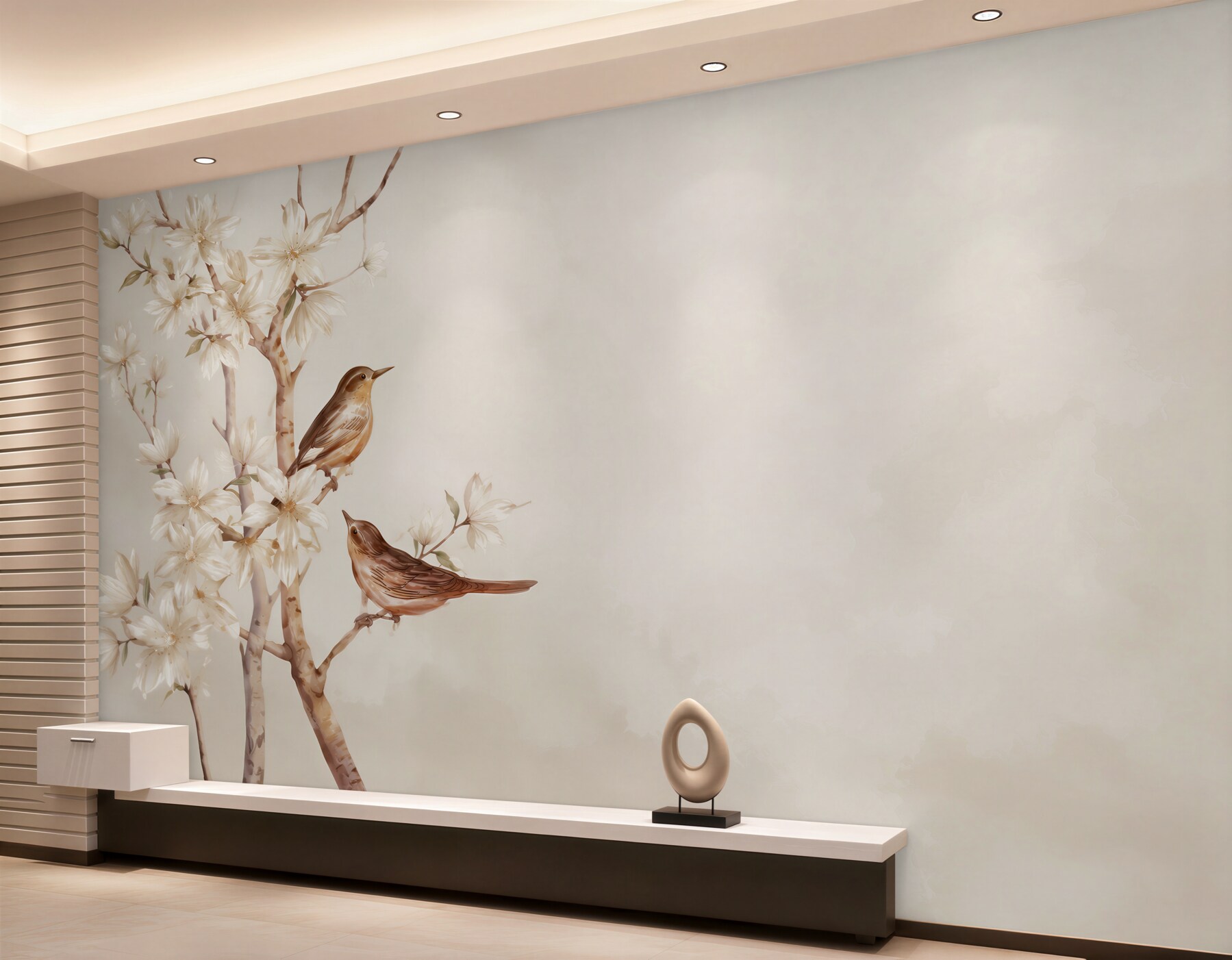 Fototapeta ptaki na kwitnącej gałęzi magnolii beżowa pastelowa?v23