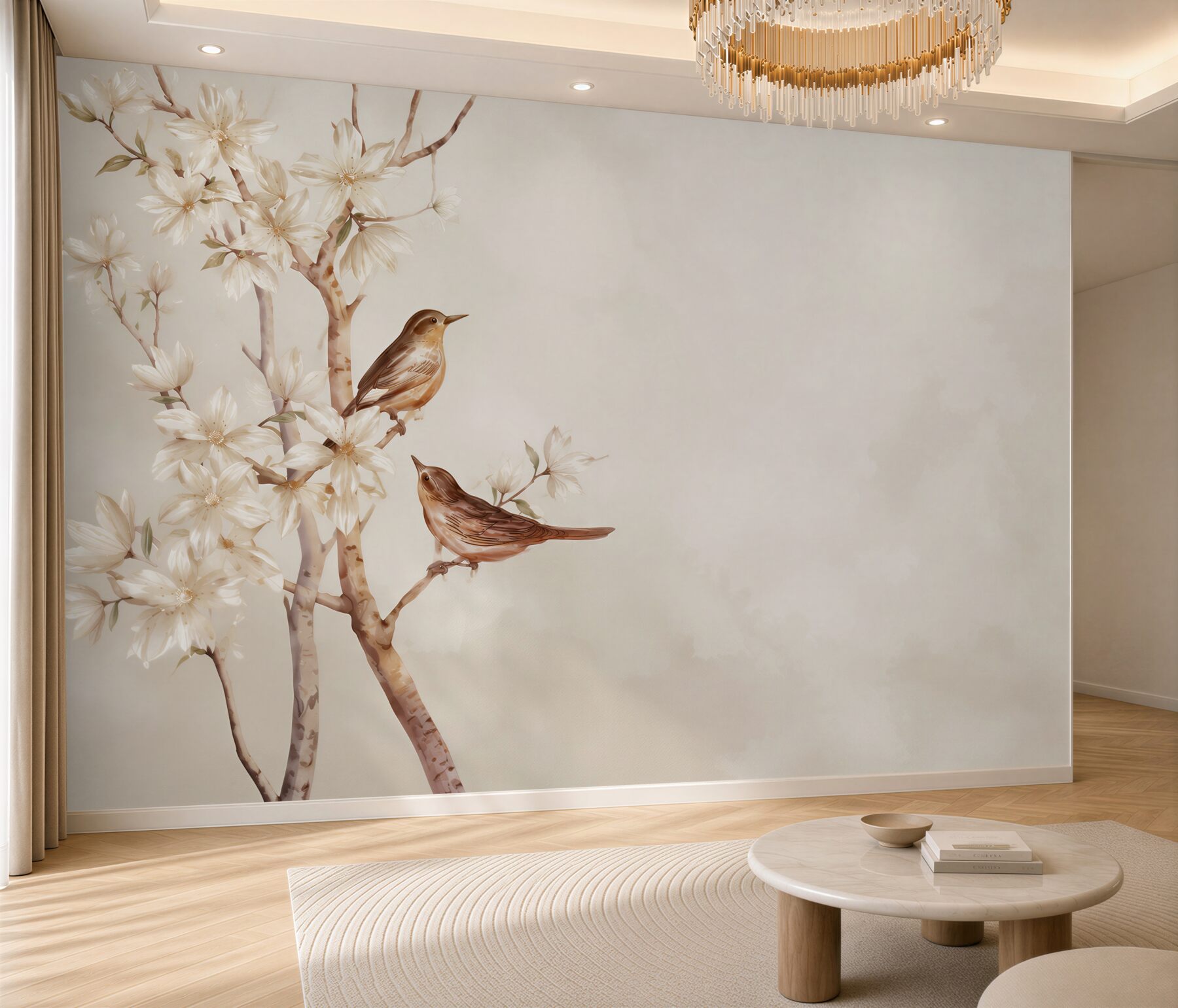 Fototapeta ptaki na kwitnącej gałęzi magnolii beżowa pastelowa?v23